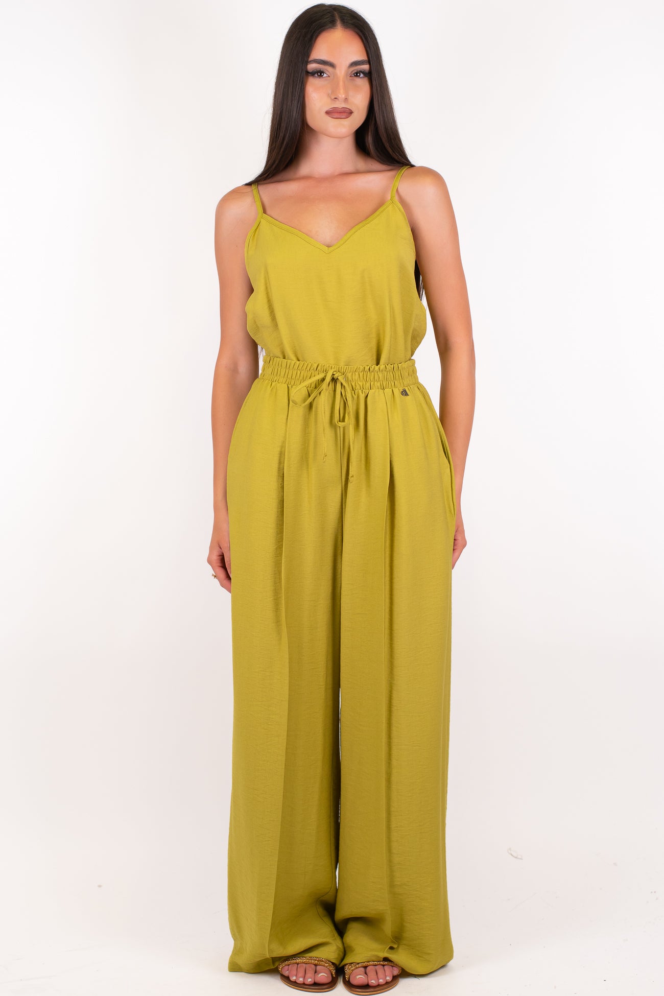 Dixie - Coordinato in viscosa leggera con top assimmetrico e pantalone palazzo con coulisse