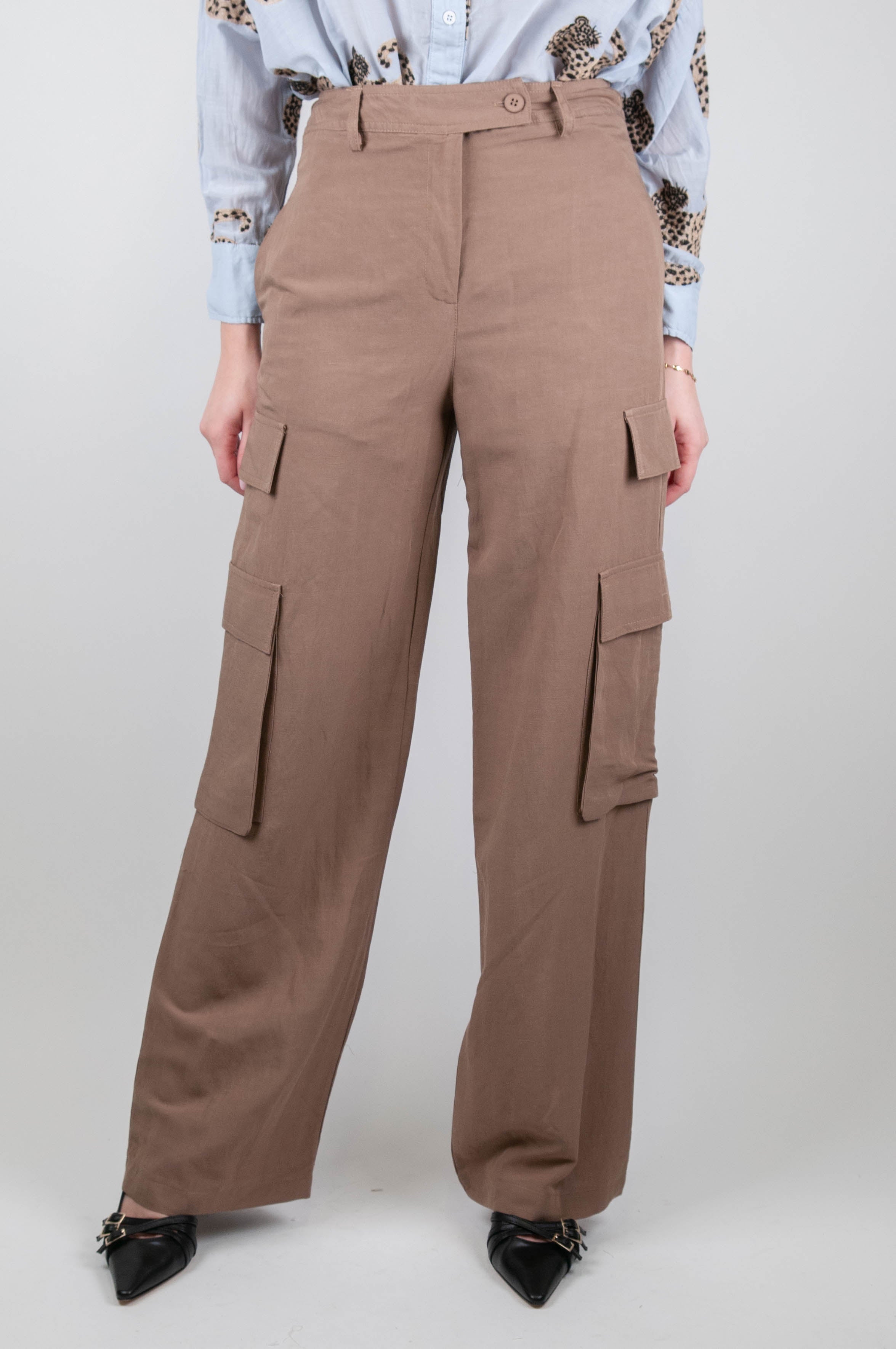 Haveone - Linen blend cargo palazzo trousers