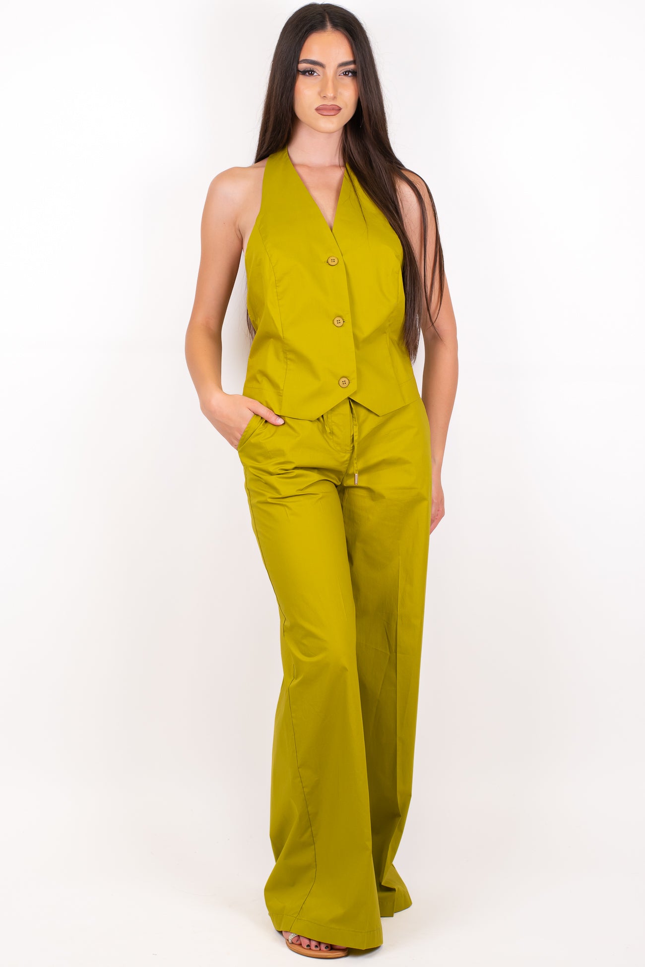 Dixie - Coordinato in cotone tela paracadute con top scollo americano e pantalone palazzo con elastico sul retro