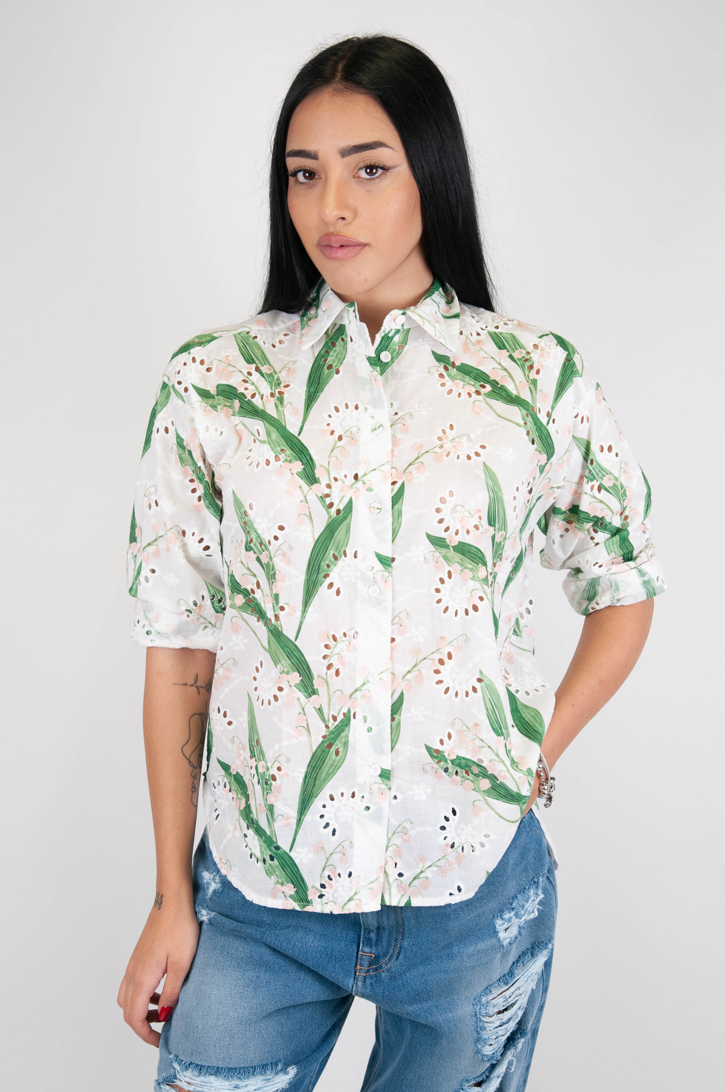 Tension in - Natural patterned shirt in broderie anglaise