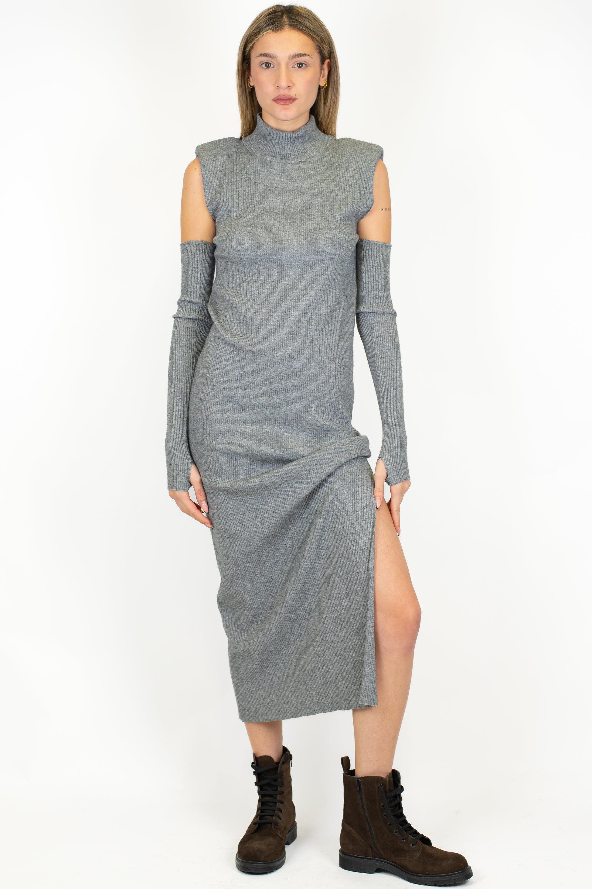 Dixie - Abito lungo giromanica in maglia a coste con spalline, manicotti e spacco laterale