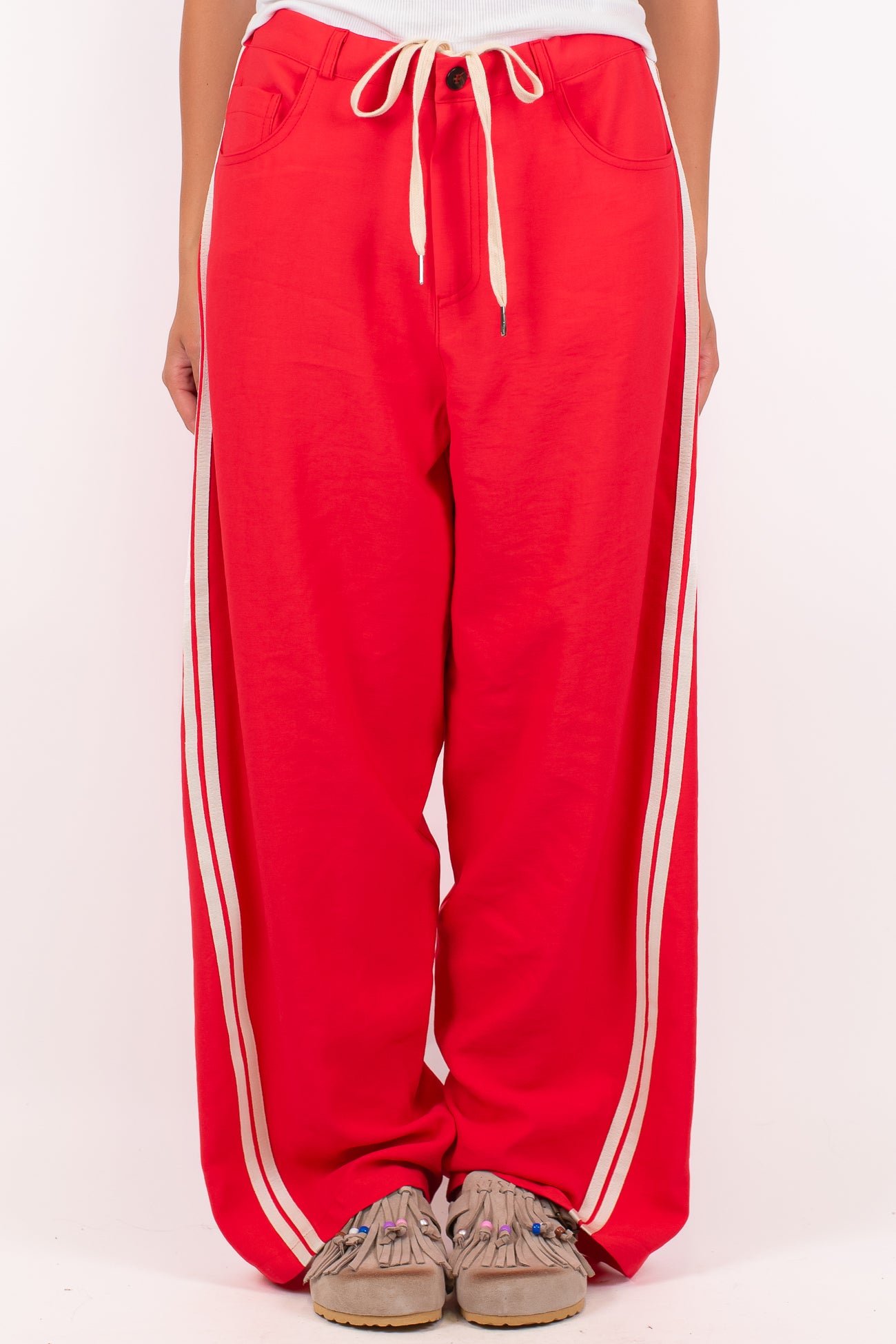 Maryley - Pantalone palazzo in viscosa leggera con coulisse e bande laterali a contrasto