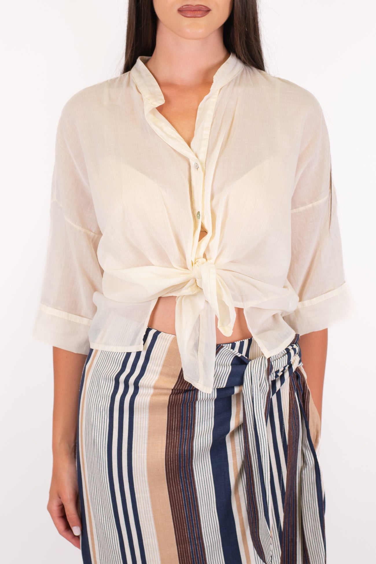 Haveone - Camicia mezzamanica in mussola di cotone con collo coreano
