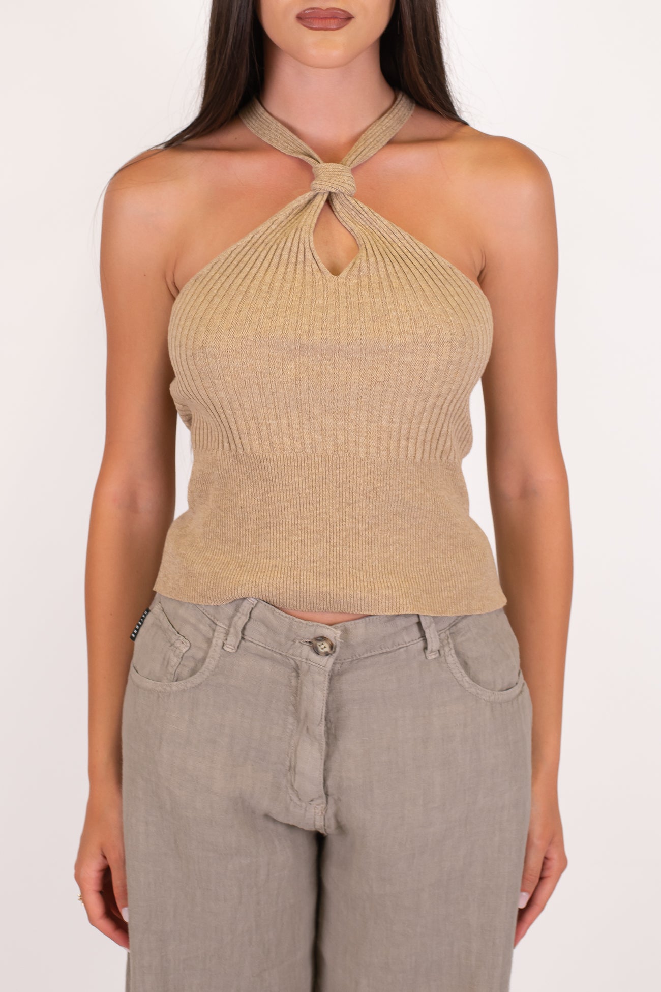 Dixie - Top a costine scollo americano con nodo centrale