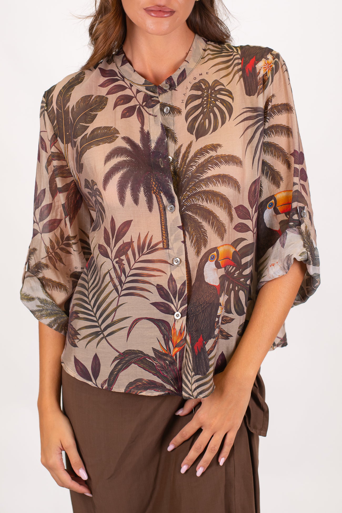 Haveone - Camicia fantasia tucani in lyocell con manica tre quarti