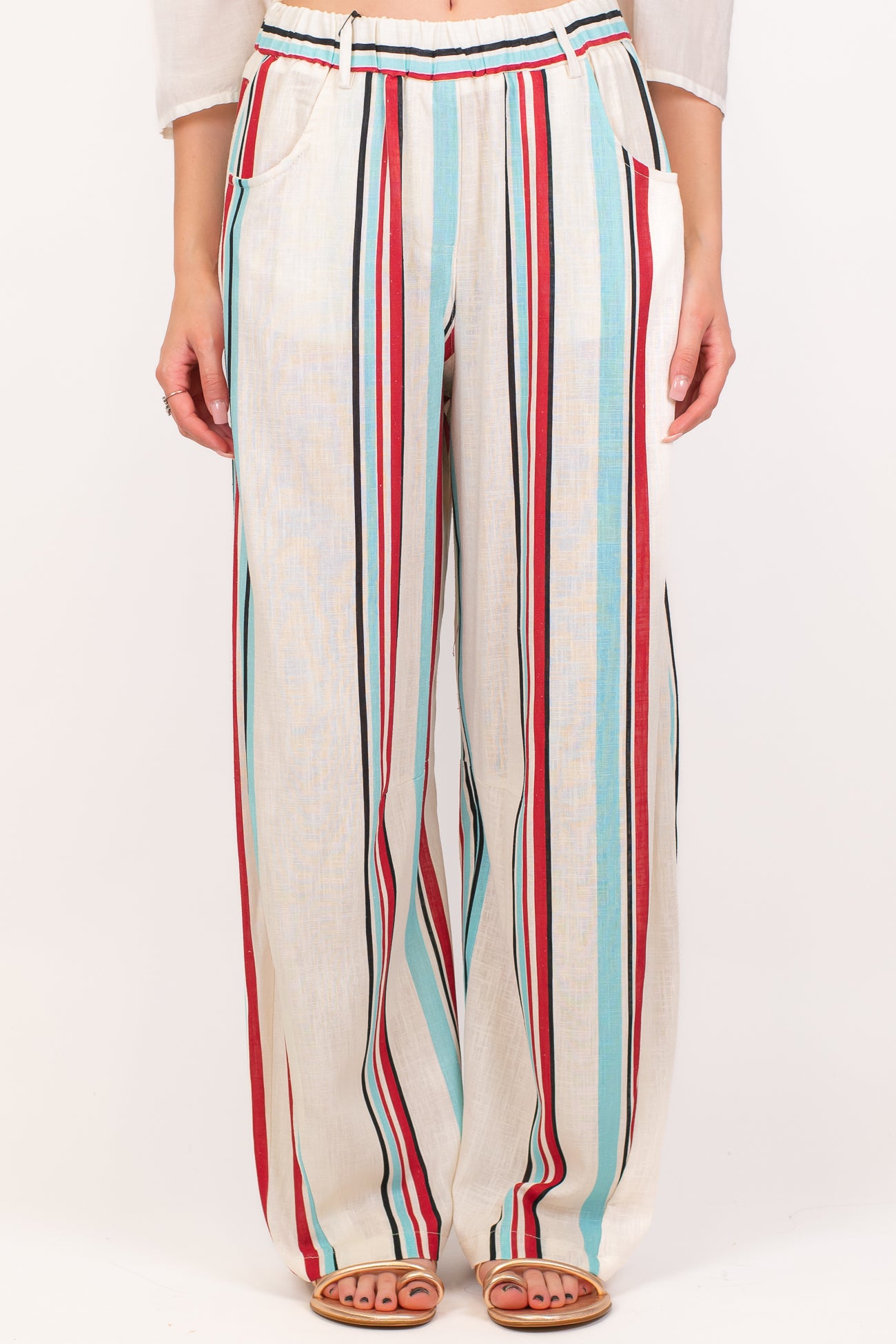 Tensione in - Pantalone regular fantasia righe a contrasto in misto lino con elastico in vita