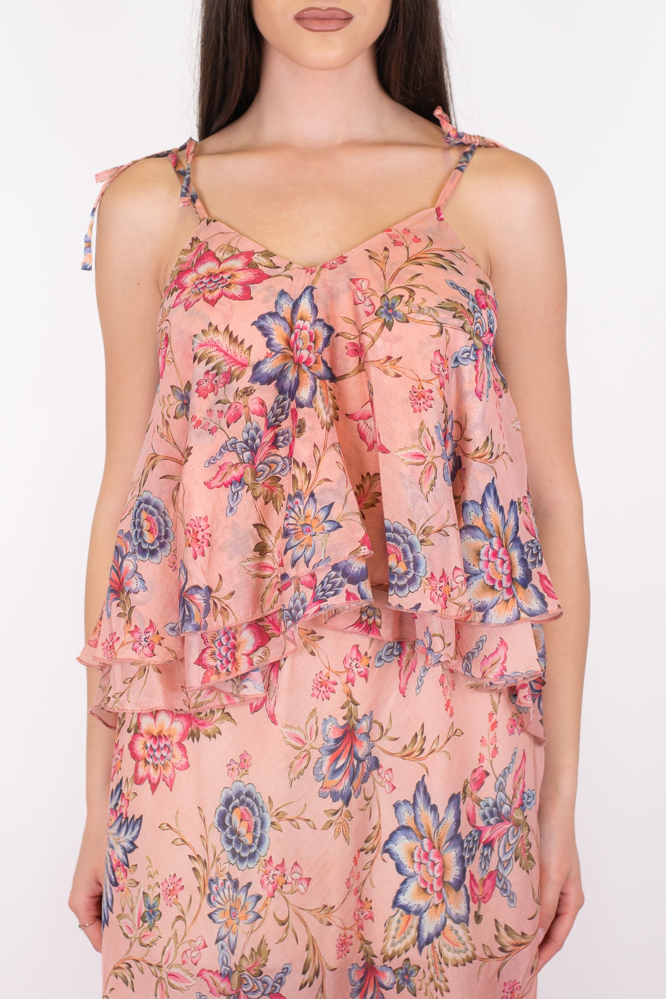 Tensione in - Top fantaisa floreale in tencel con balze e bretelle con nodo