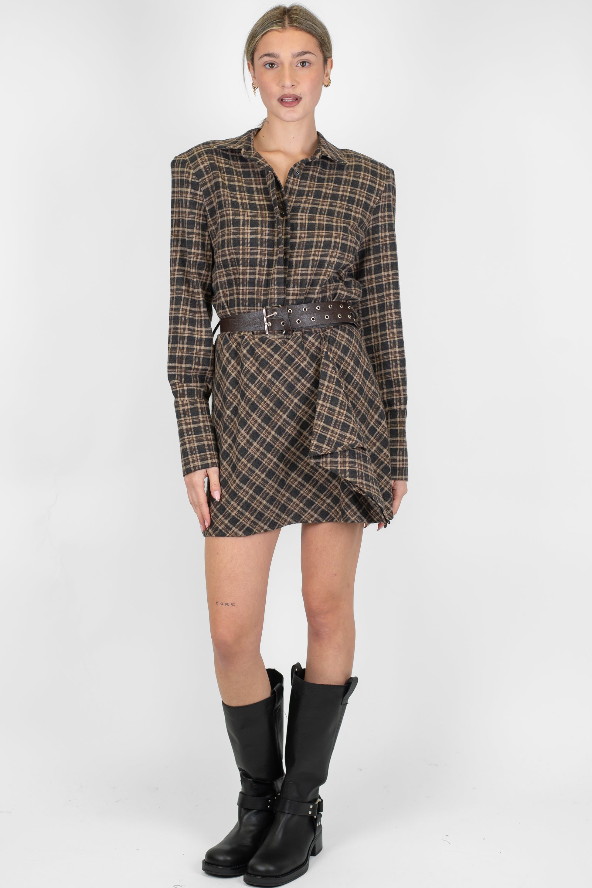 Motel - Abito corto fantasia check con spalline e drappeggio laterale