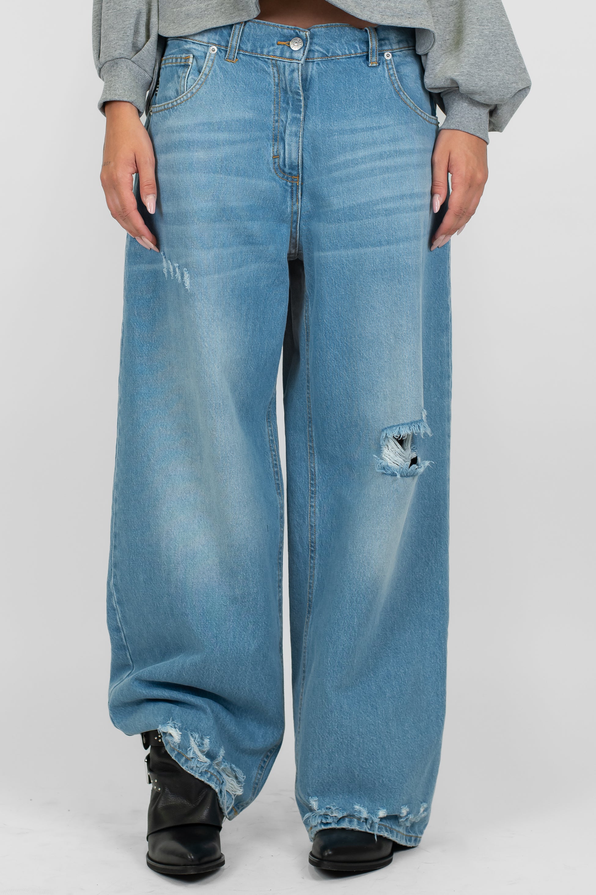 Haveone - Jeans palazzo lavaggio chiaro modello Bella con strappi