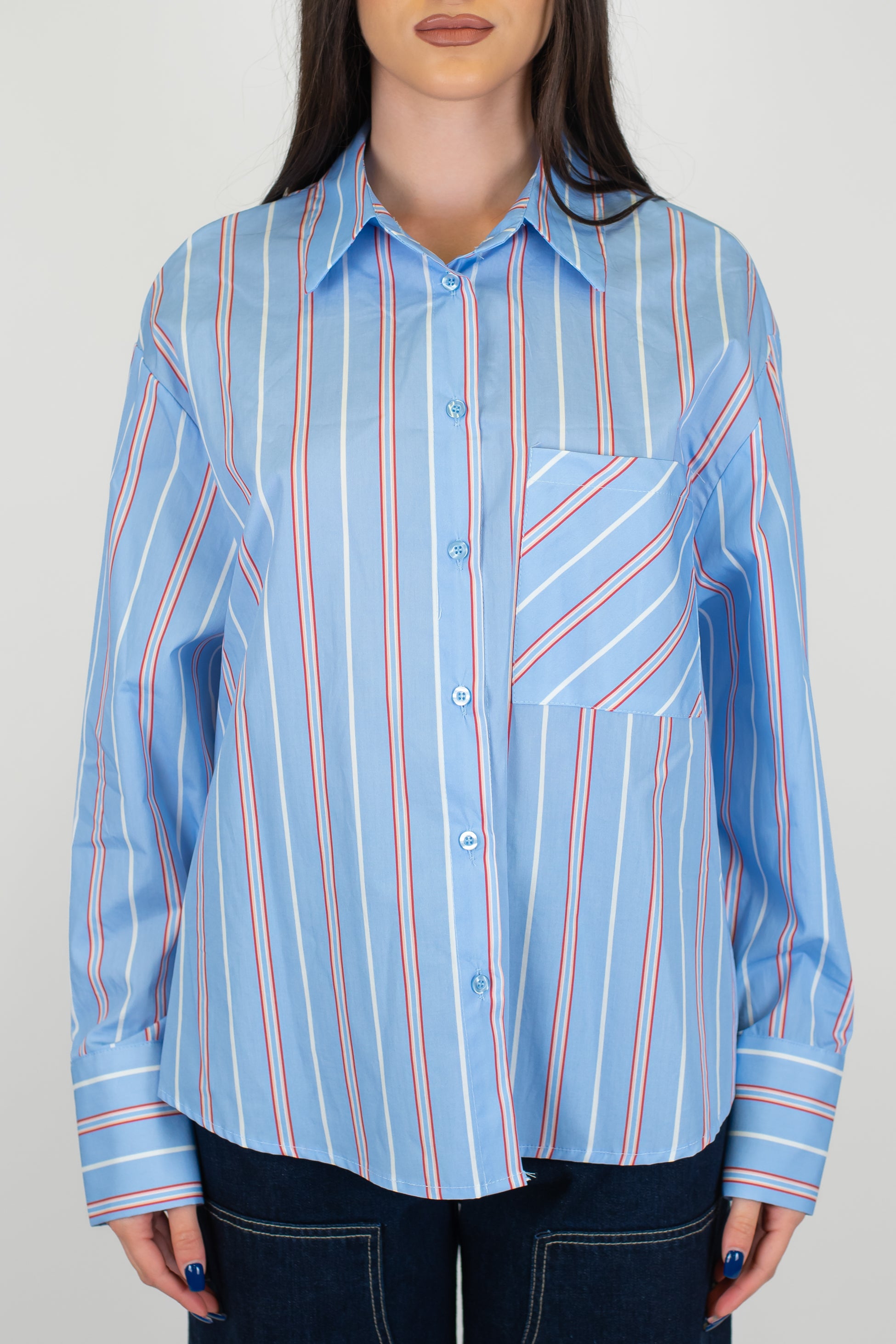 Haveone - Camicia fantasia a righe a contrasto con tasca