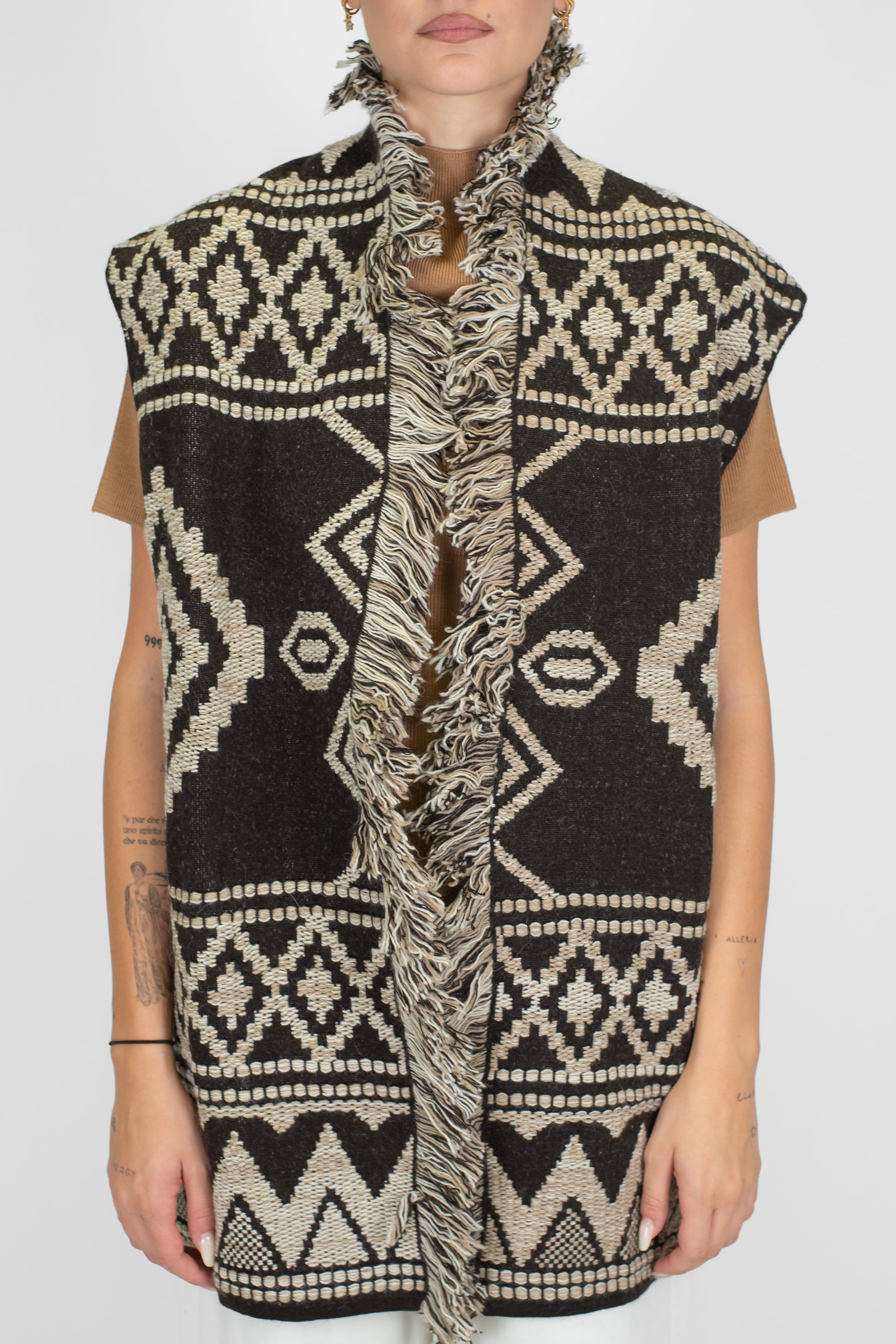 Motel - Gilet lungo aperto fantasia etnica in misto lana con frange