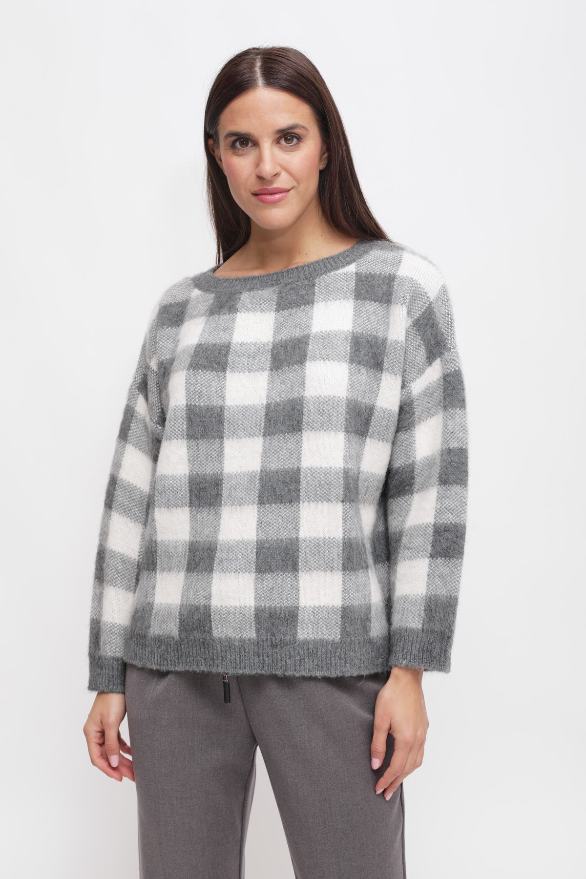 Maryley - Maglia girocollo over fantasia quadri in misto lana