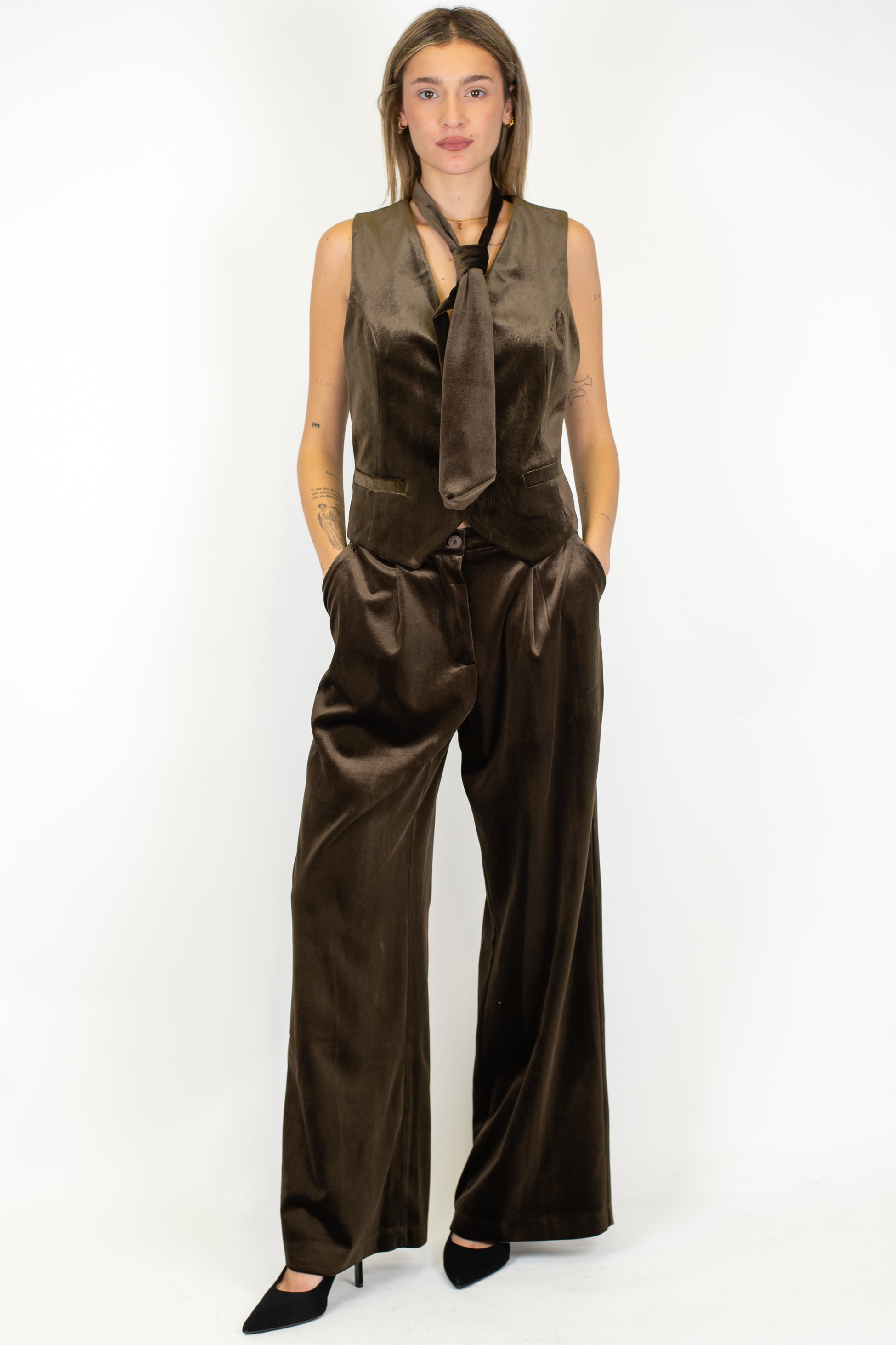 Dixie - Pantalone palazzo in velluto con pinces ed elastico sul retro