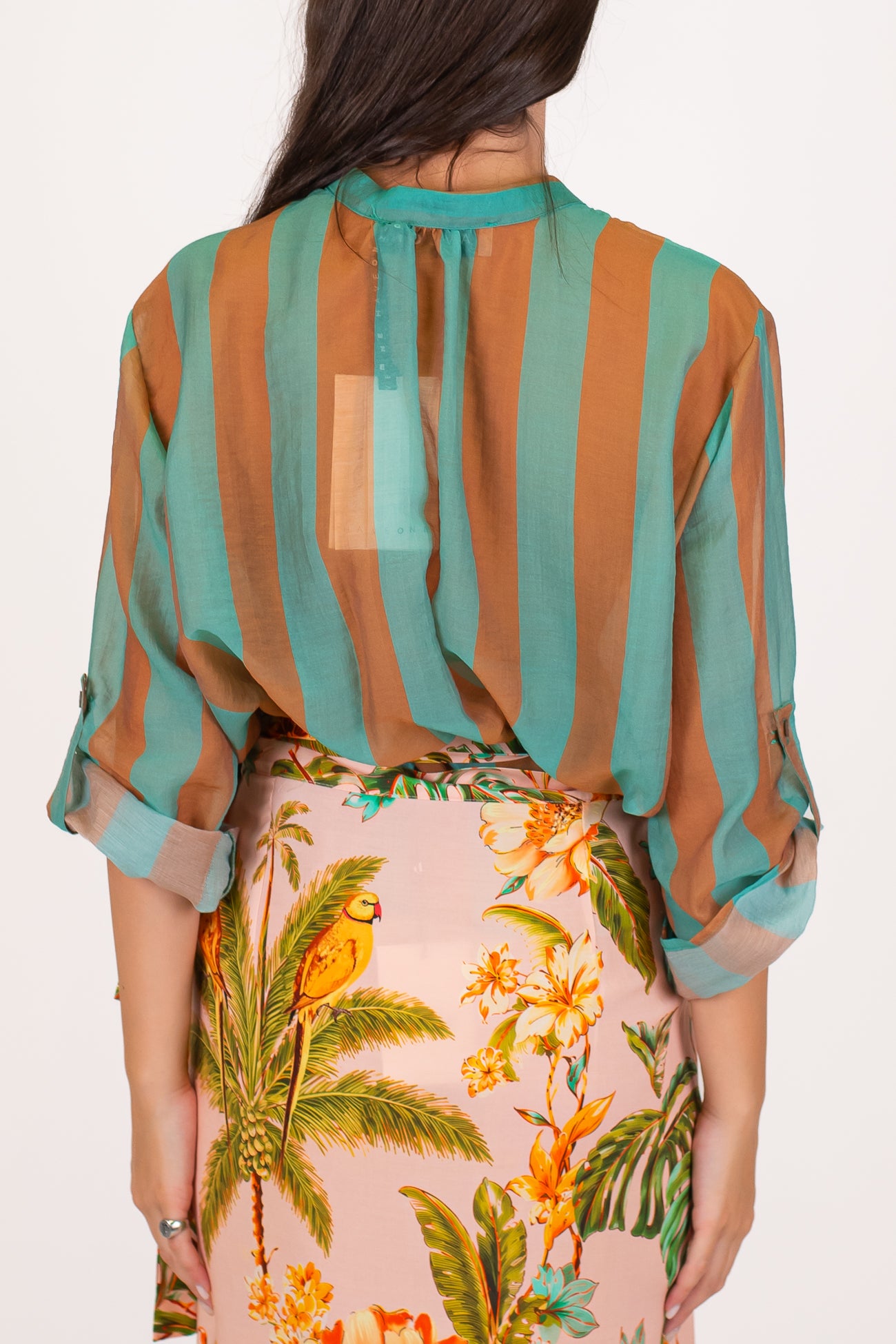 Haveone - Camicia fantasia a righe a contrasto in lyocell con manica tre quarti
