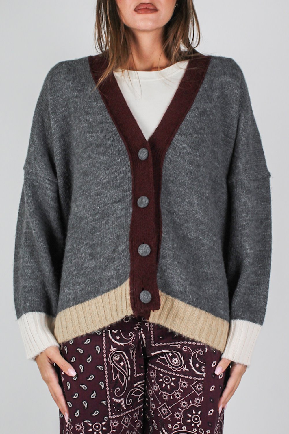 Maryley - Cardigan con profilo a contrasto in misto lana
