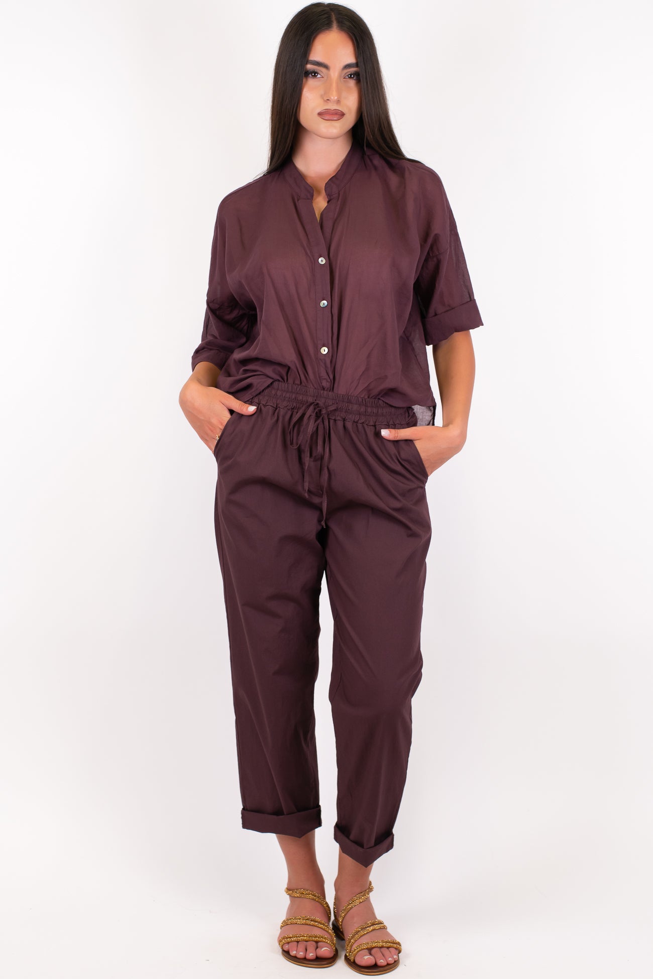 Haveone - Pantalone regular in cotone leggero con coulisse
