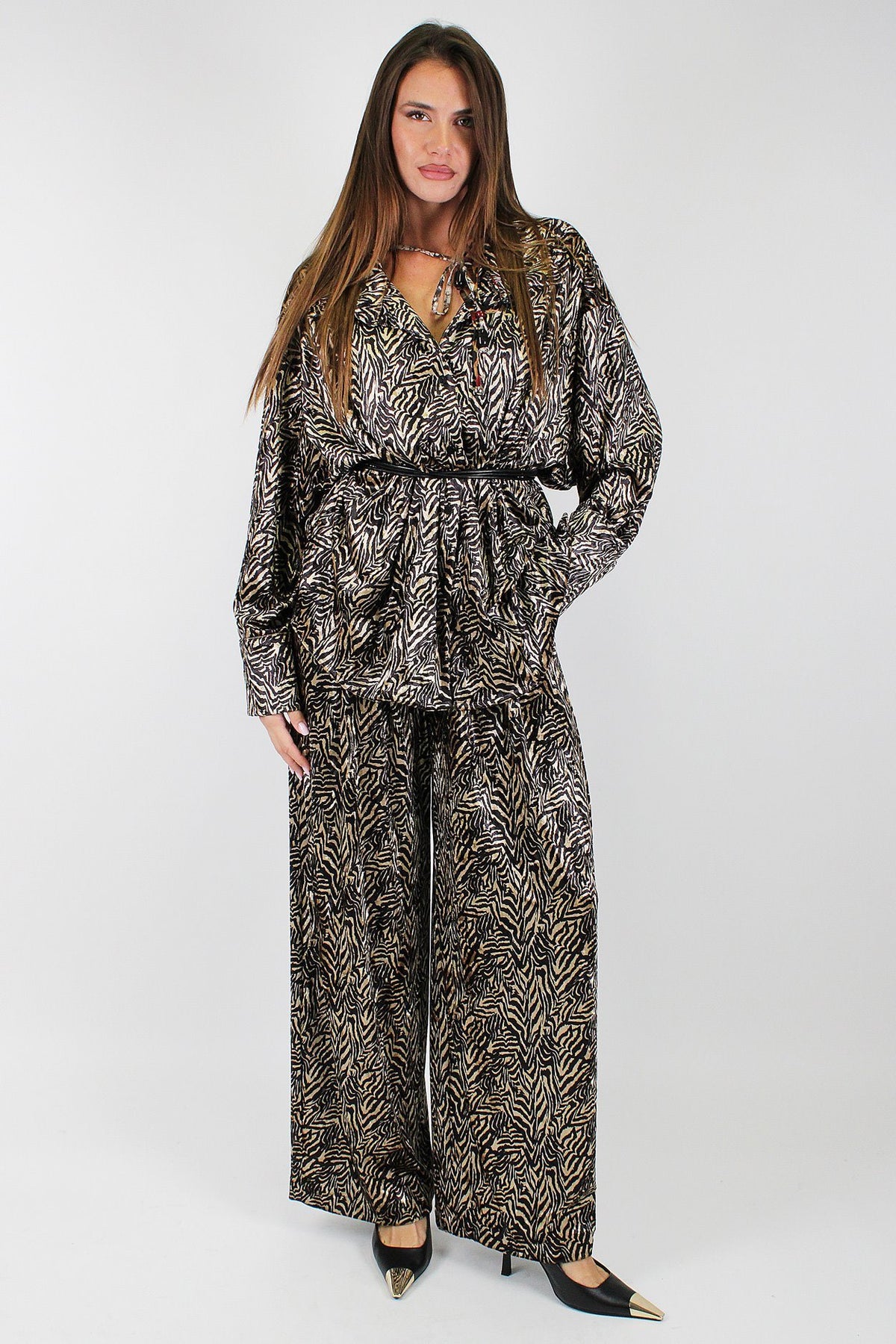 Maryley - Pantalone palazzo in velluto fantasia animalier con elastico in vita