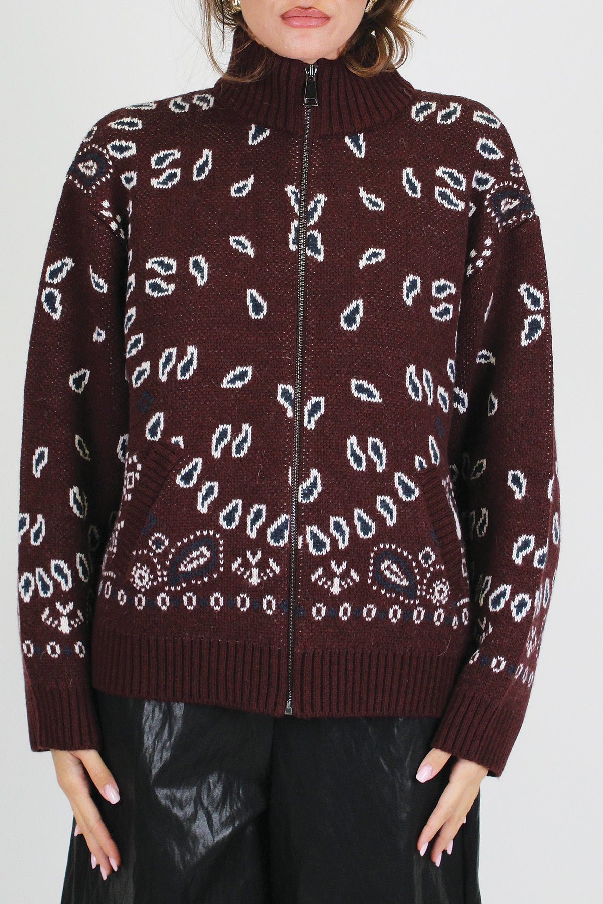 Tensione in - Cardigan misto lana fantasia bandana con collo alto e chiusura zip