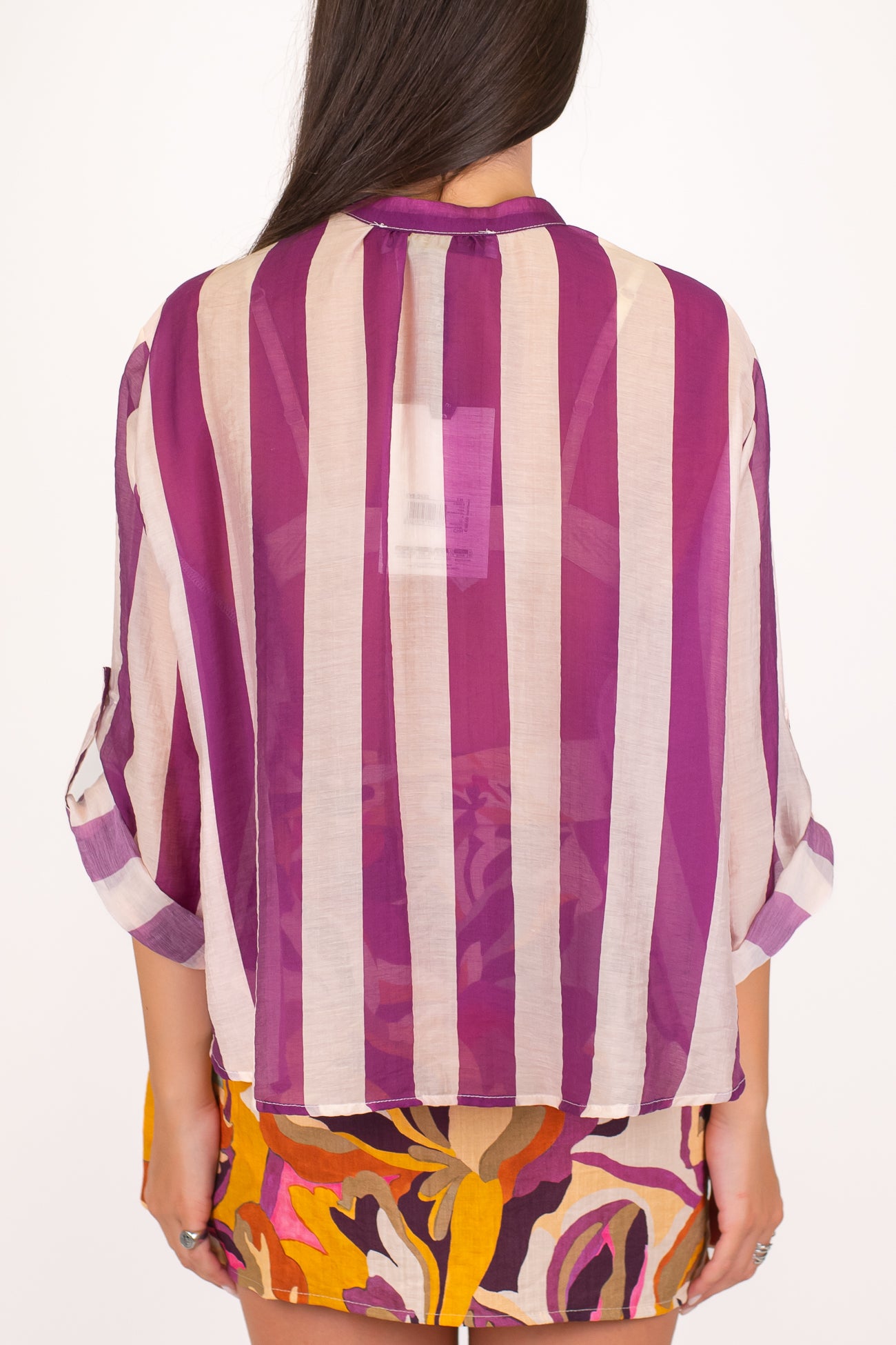 Haveone - Camicia fantasia a righe a contrasto in lyocell con manica tre quarti