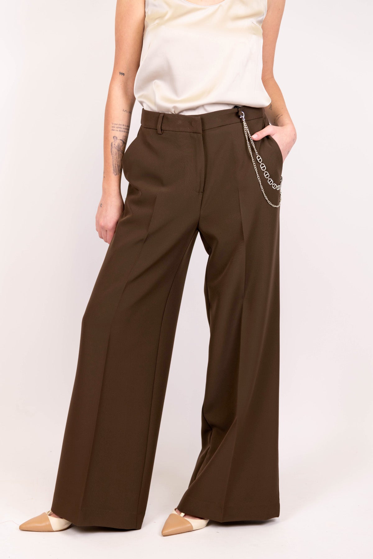 Haveone - Pantalone palazzo con piega stirata e catena laterale