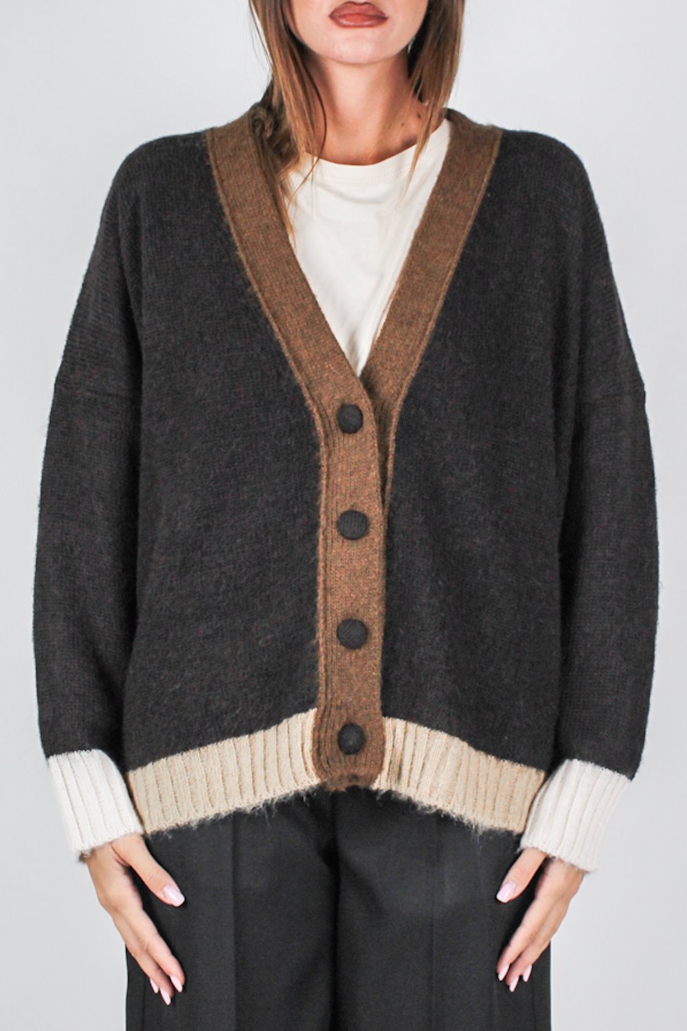Maryley - Cardigan con profilo a contrasto in misto lana