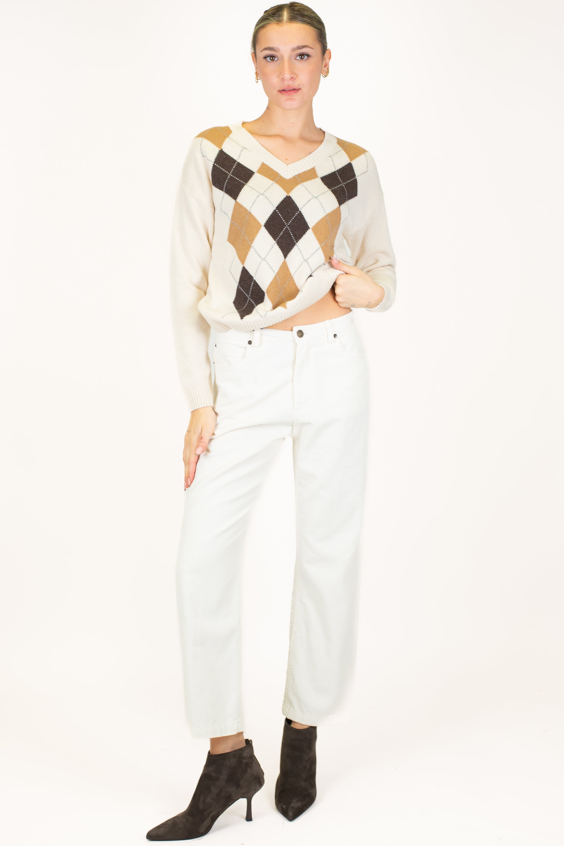 Tensione in - Maglia scollo V fantasia rombi a contrasto in misto lana e cashmere