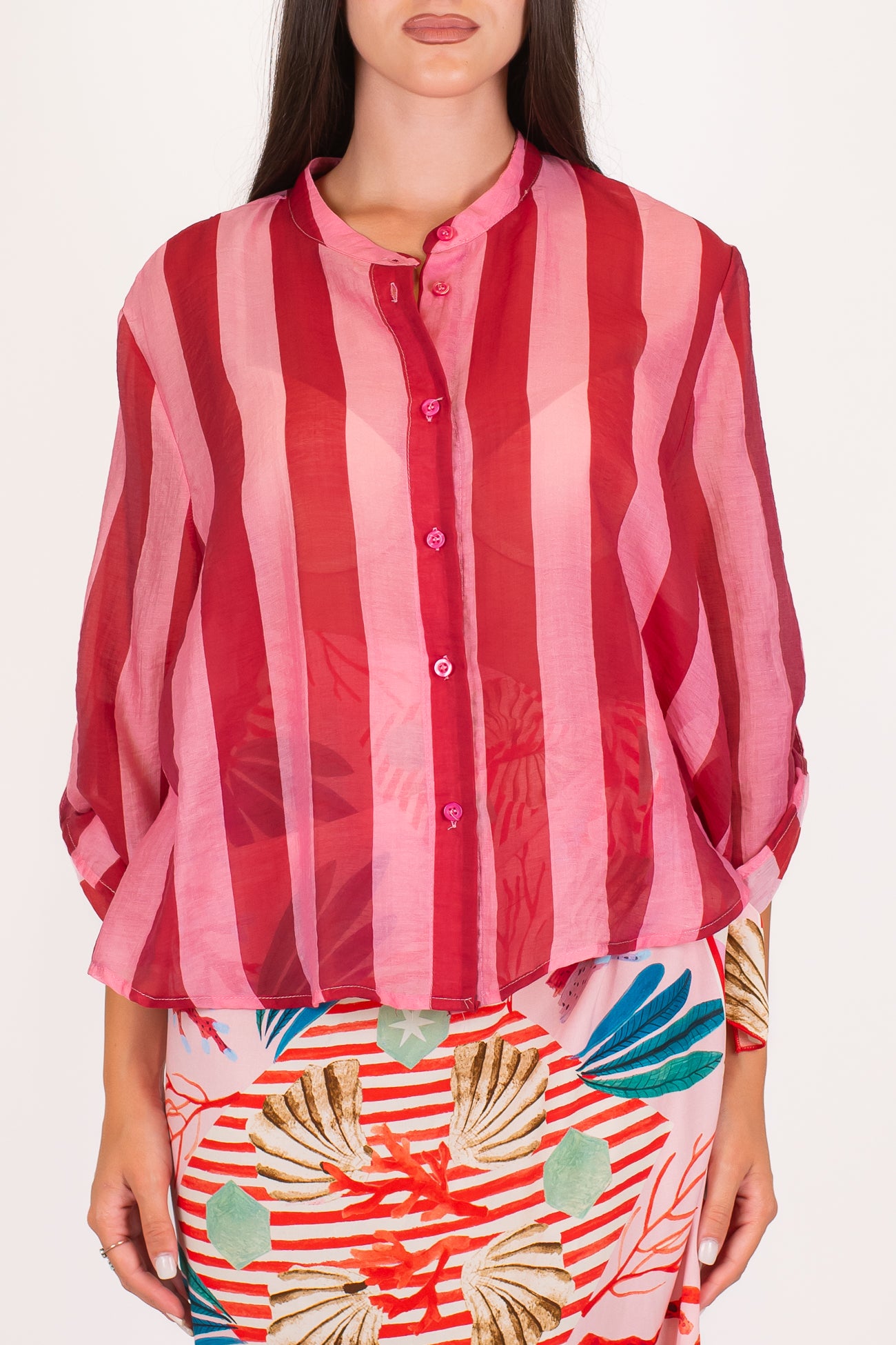 Haveone - Camicia fantasia a righe in lyocell con collo coreano