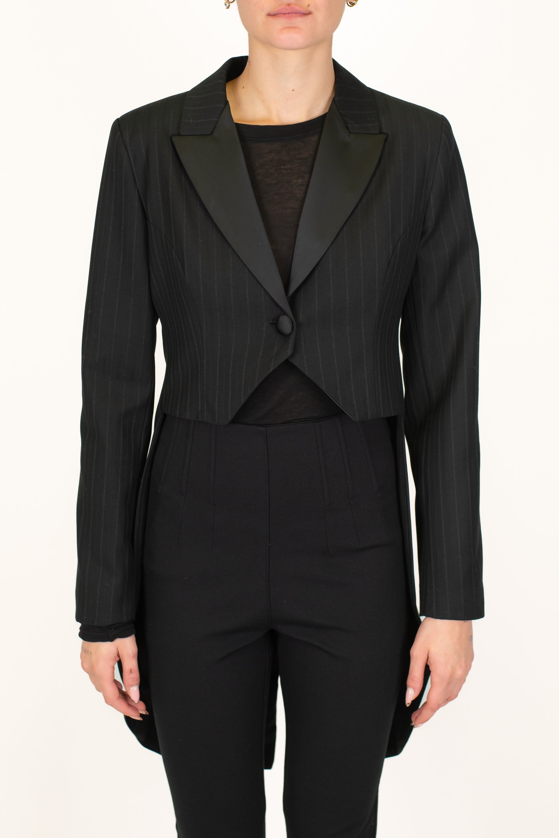 Tensione in - Giacca gessata modello frac con spalline