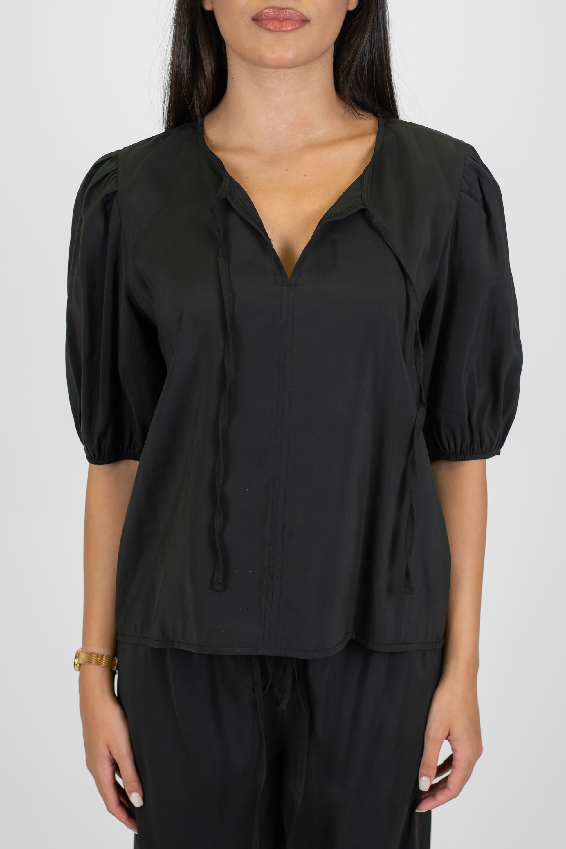 Haveone - Coordinato in modal con t-shirt scollo a V con lacci e pantalone palazzo con coulisse