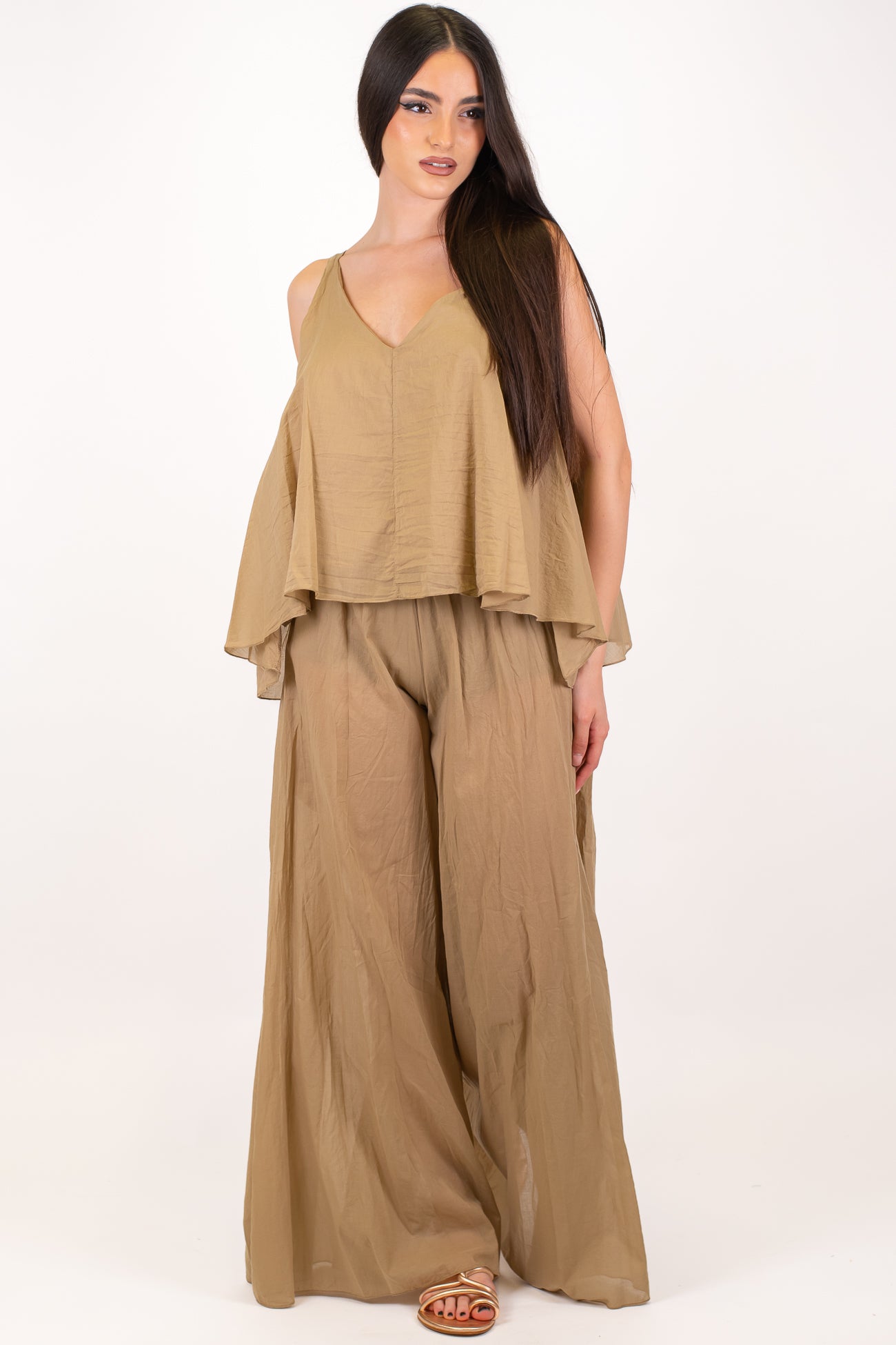 Dixie - Pantalone palazzo in mussola di cotone con coulotte ed elastico in vita
