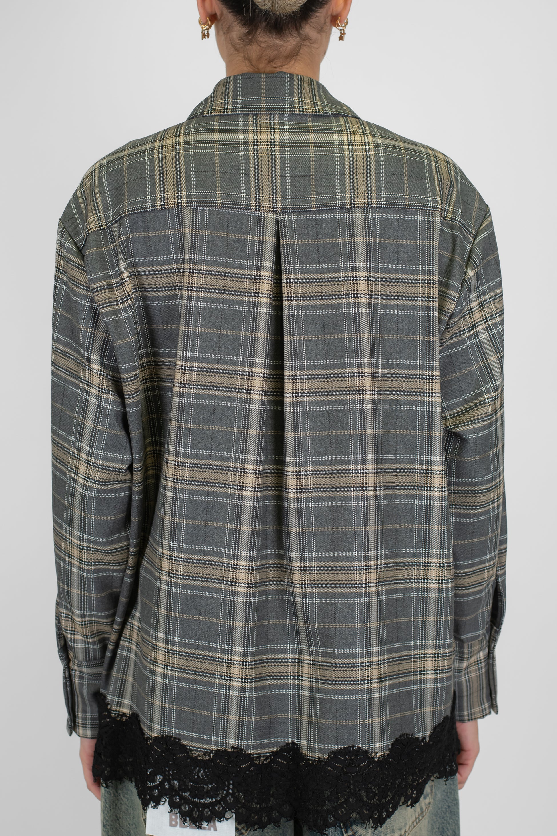 Haveone - Camicia fantasia check con orlo in pizzo a contrasto