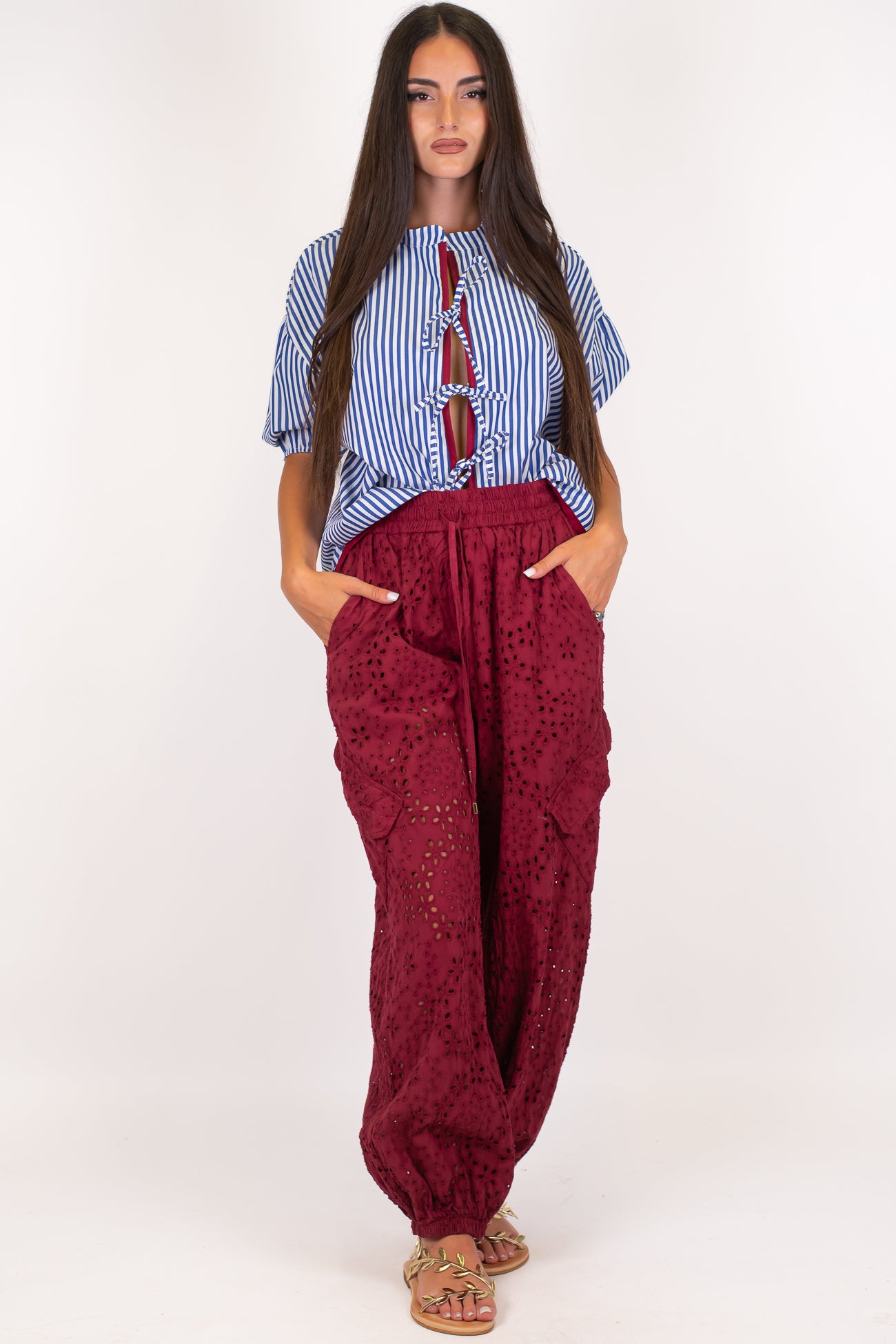 Motel - Pantalone cargo balloon in pizzo sangallo con coulisse