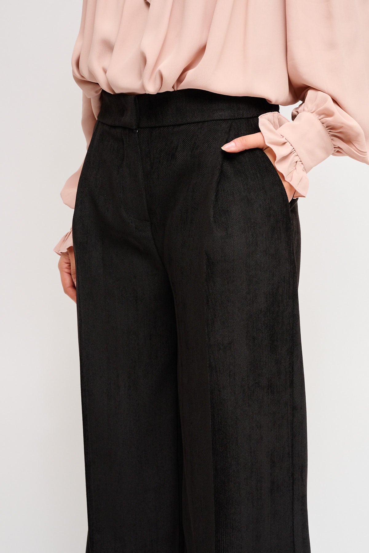 Maryley - Pantalone palazzo tessuto spigato in velluto con elastico sul retro