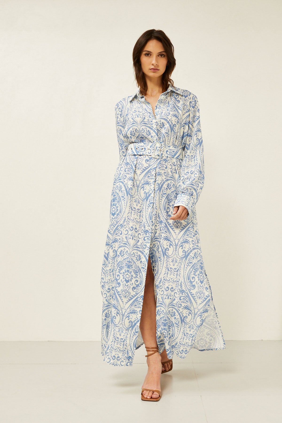 Souvenir - Abstract patterned shirtdress in linen blend with fabric belt