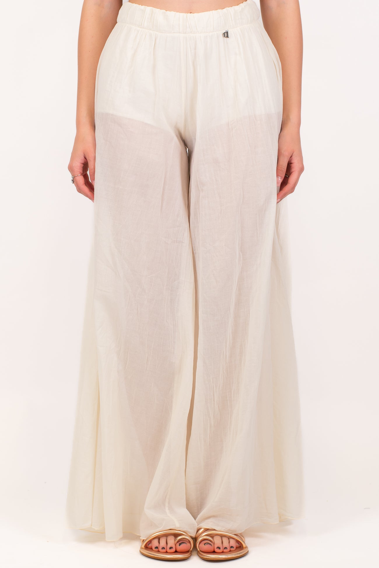 Dixie - Pantalone palazzo in mussola di cotone con coulotte ed elastico in vita