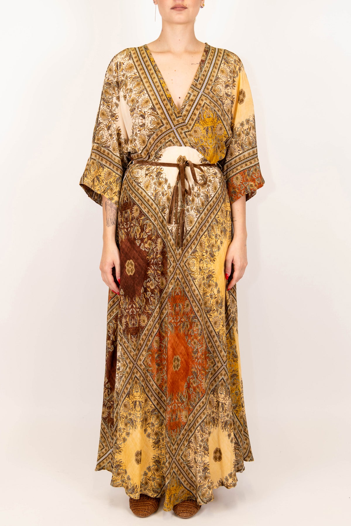 Motel - Abito lungo fantasia astratta in viscosa con scollo a V e manica tre quarti