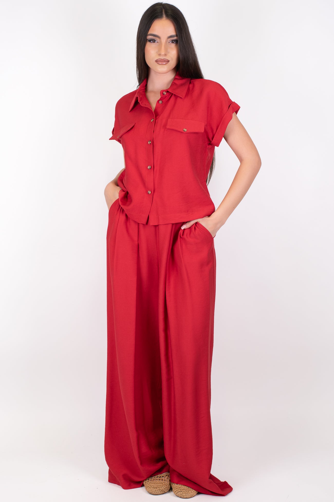 Dixie - Coordinato camicia mezzamanica e pantalone palazzo con elastico sul retro in viscosa leggera