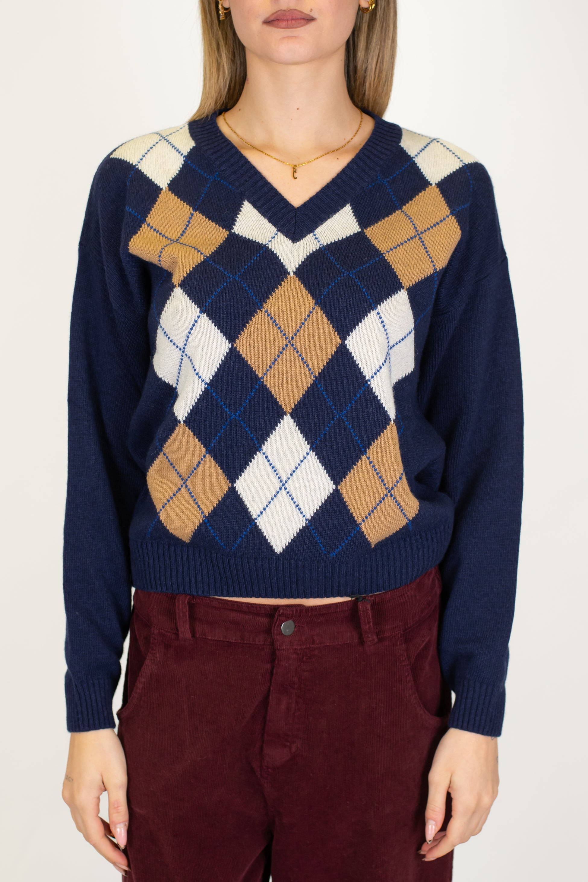 Tensione in - Maglia scollo V fantasia rombi a contrasto in misto lana e cashmere