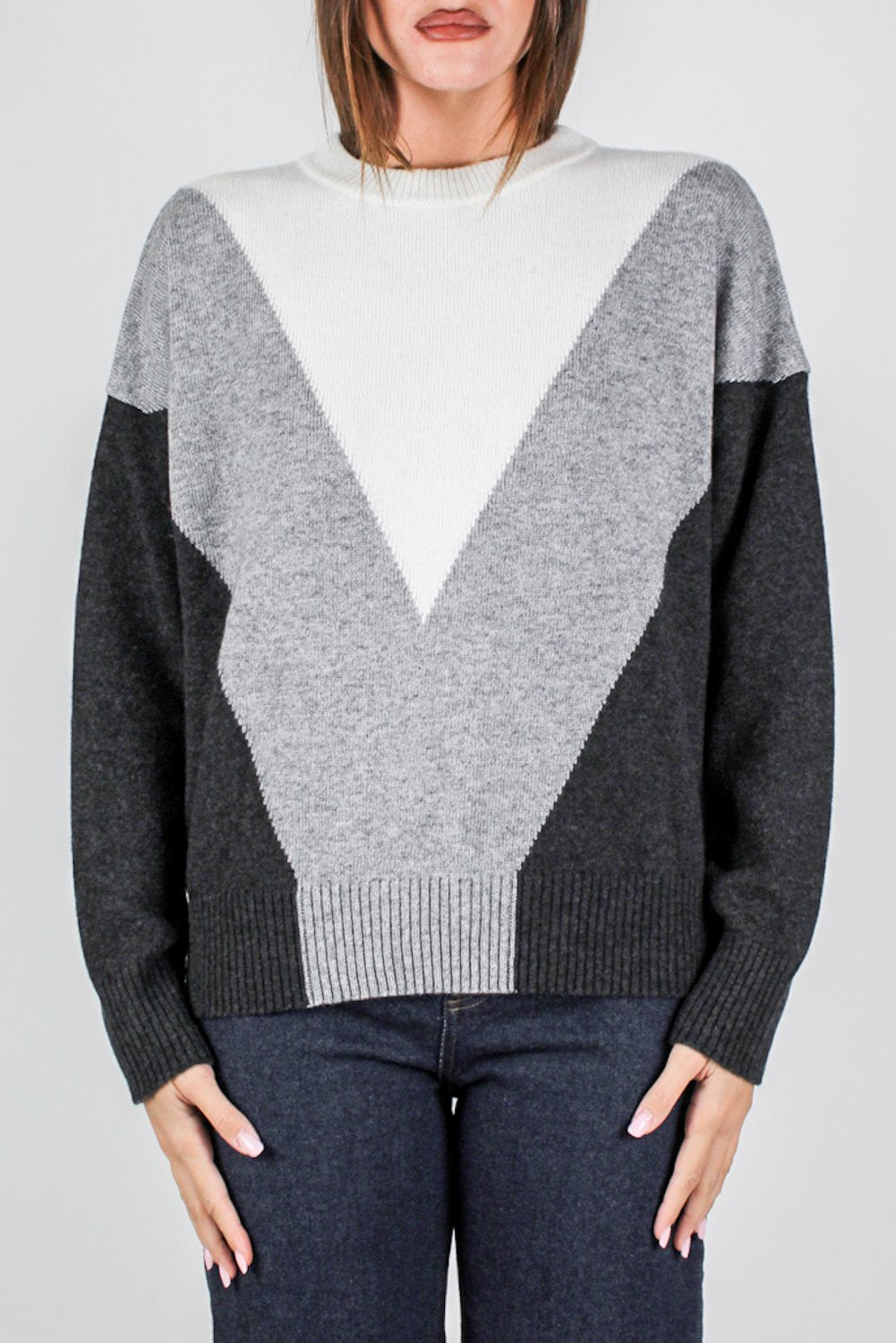 Maryley - Maglia girocollo fantasia rombi a contrasto in misto lana e cashmere