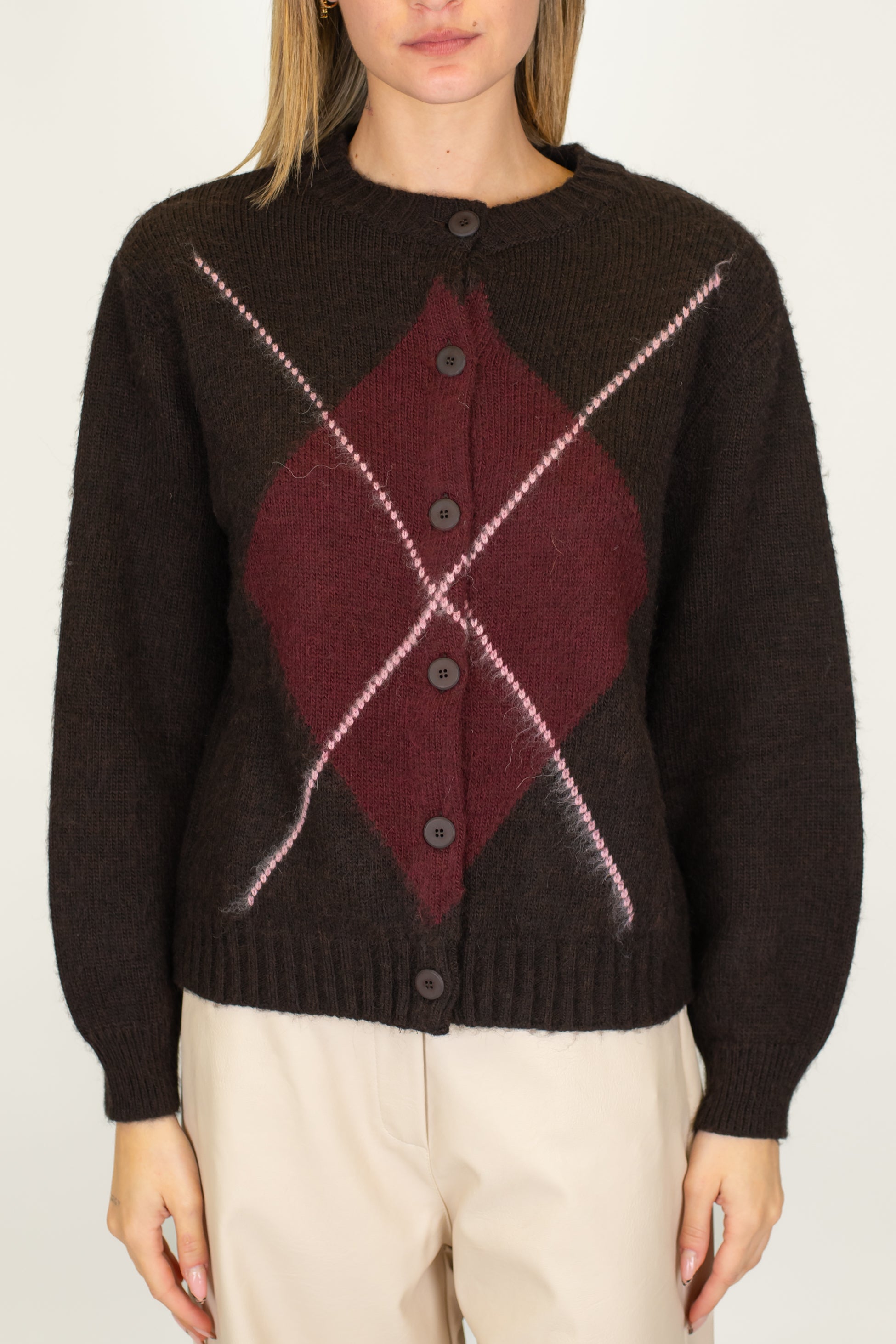 Maryley - Cardigan fantasia rombi a contrasto in misto lana con spalline