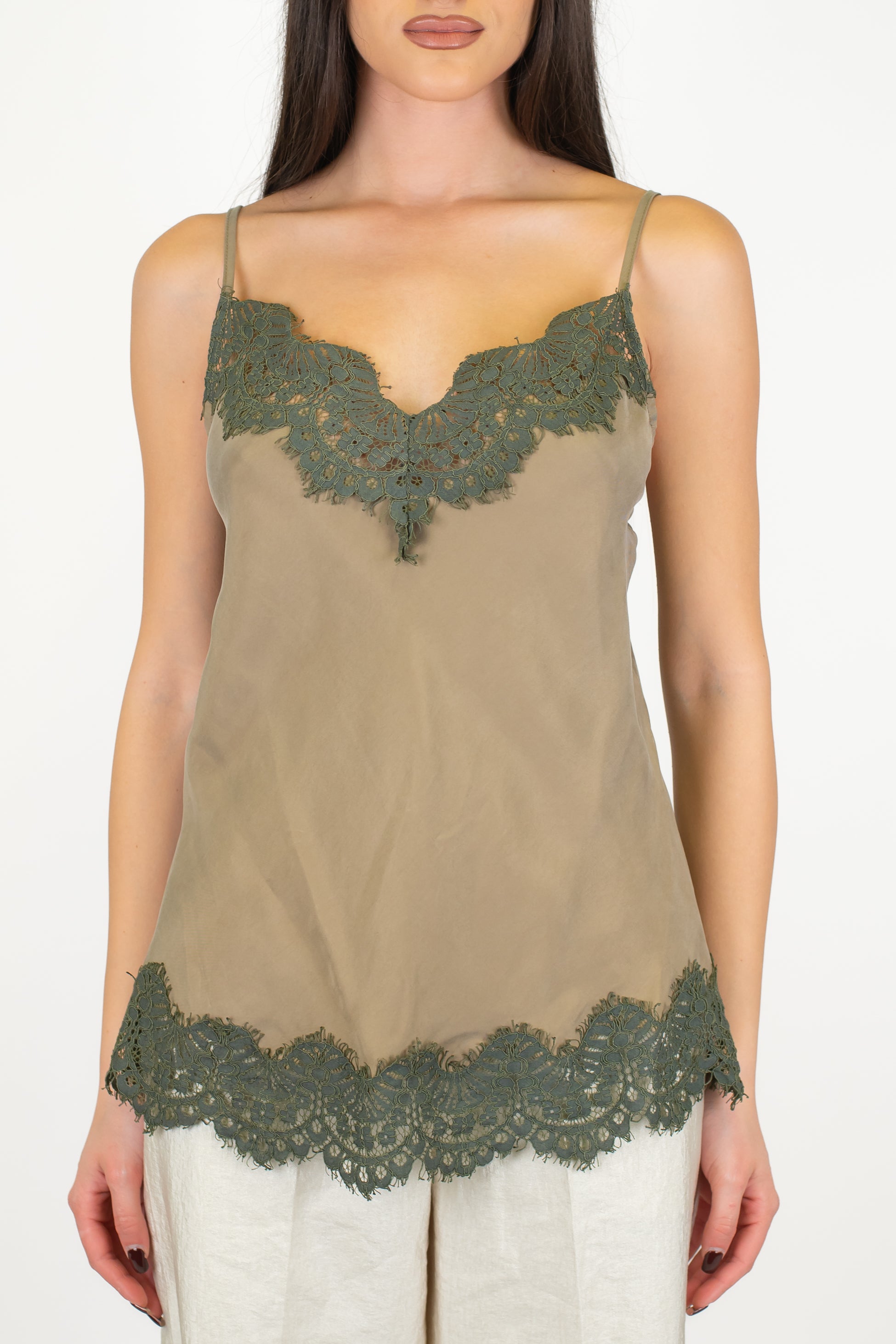 Tensione in - Top in cupro con dettagli in pizzo