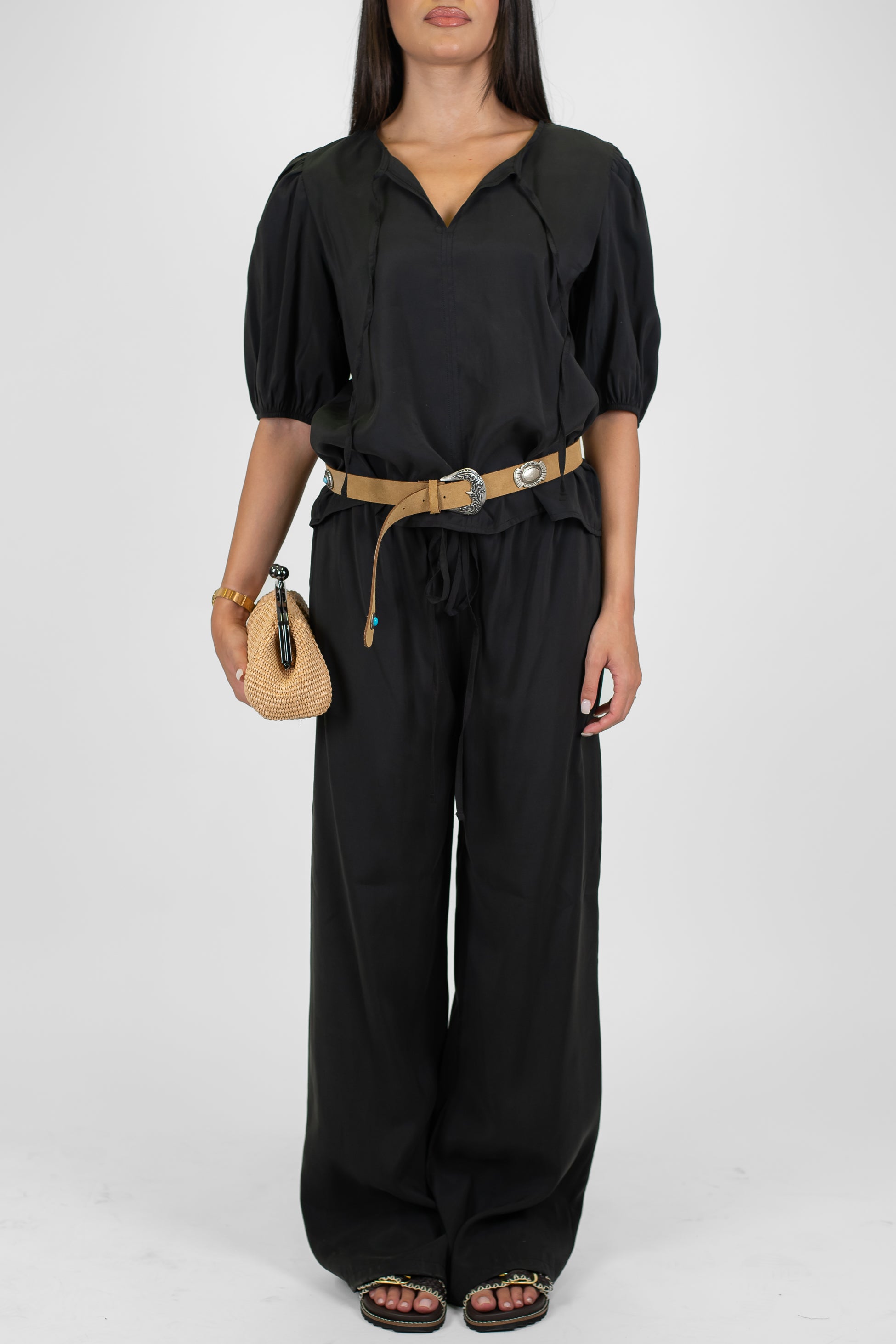 Haveone - Coordinato in modal con t-shirt scollo a V con lacci e pantalone palazzo con coulisse