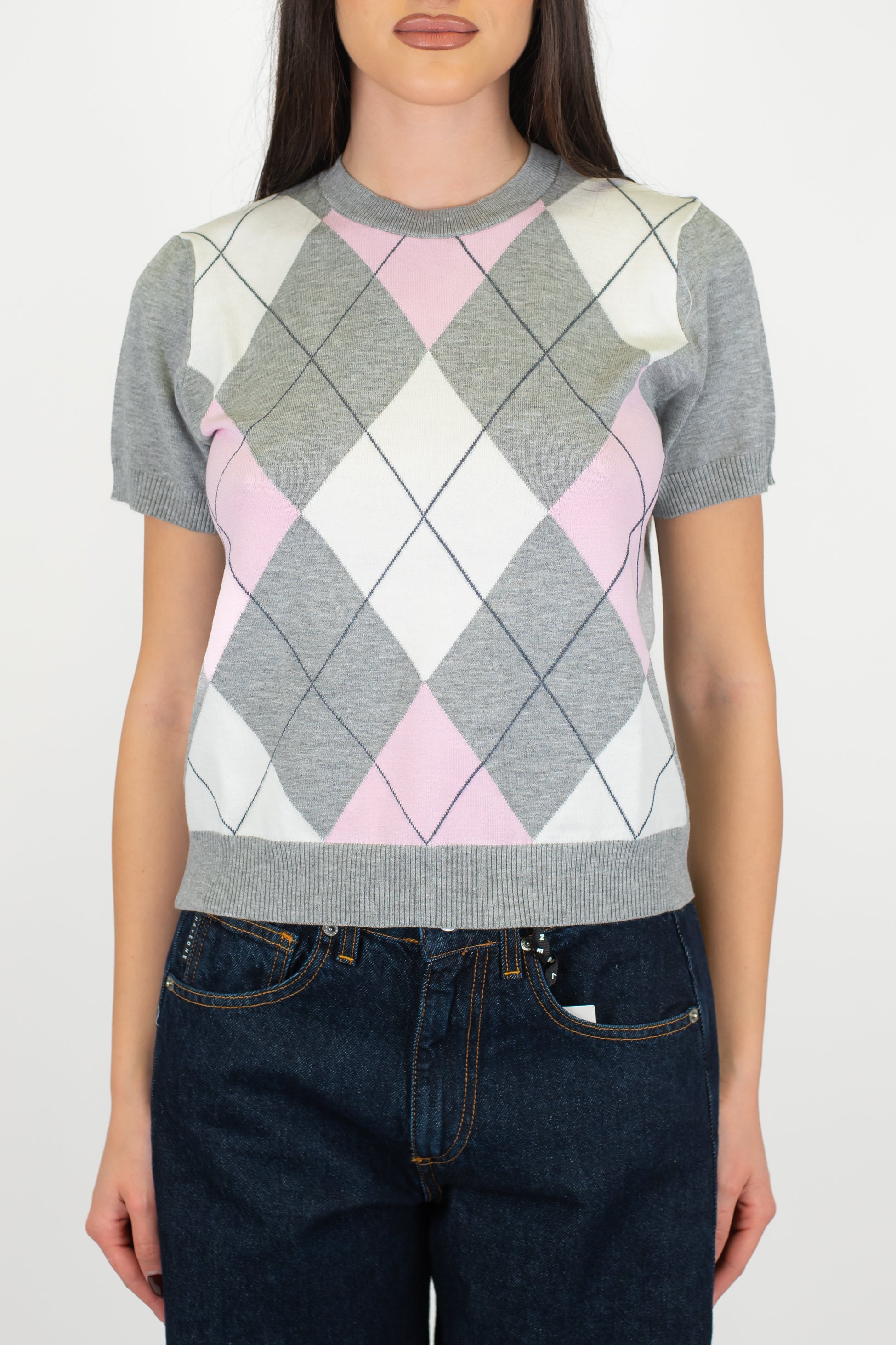 Motel - Maglia mezzamanioca crop fantasia rombi a contrasto in viscosa leggera