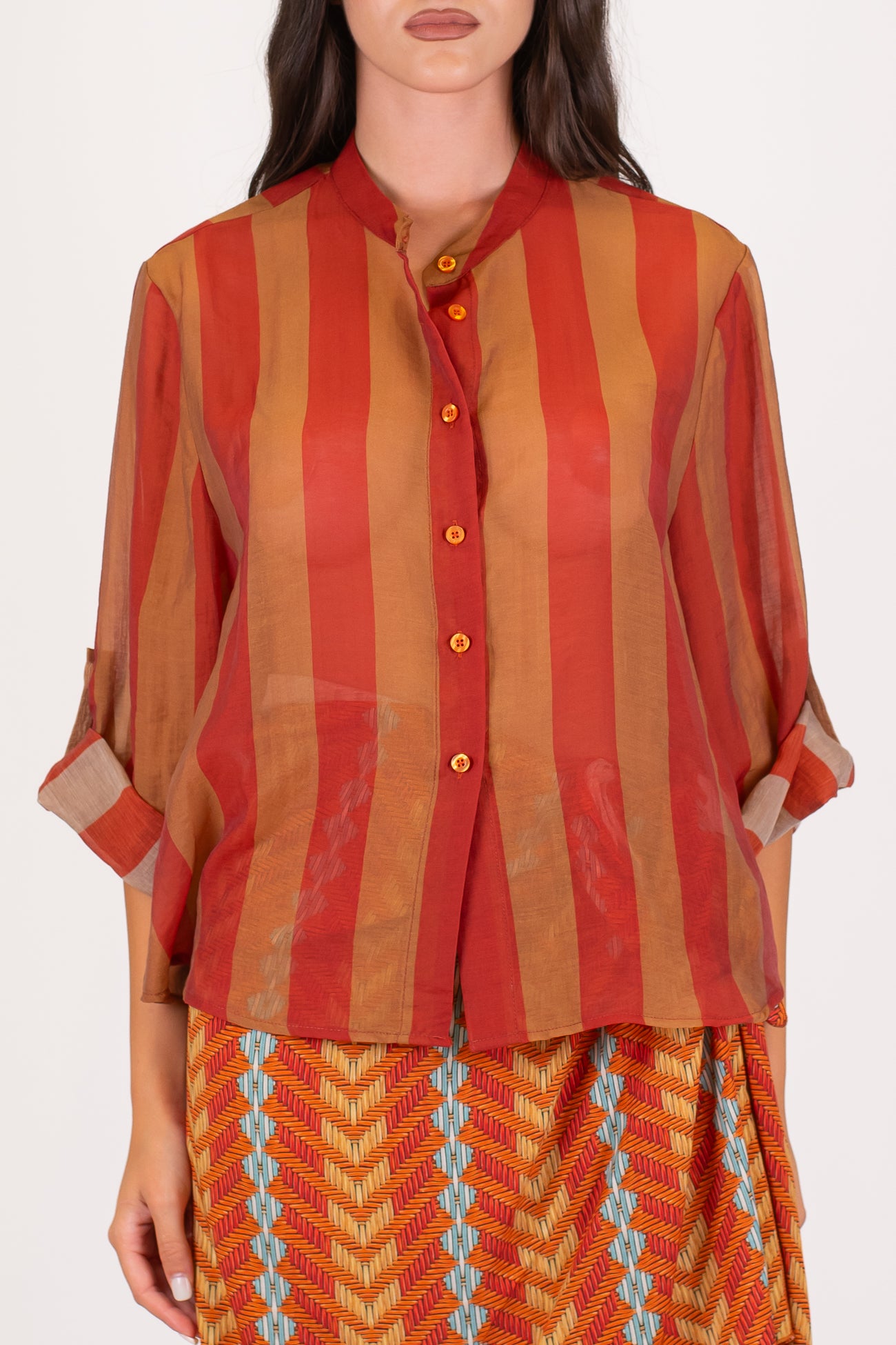Haveone - Camicia fantasia a righe a contrasto in lyocell con manica tre quarti