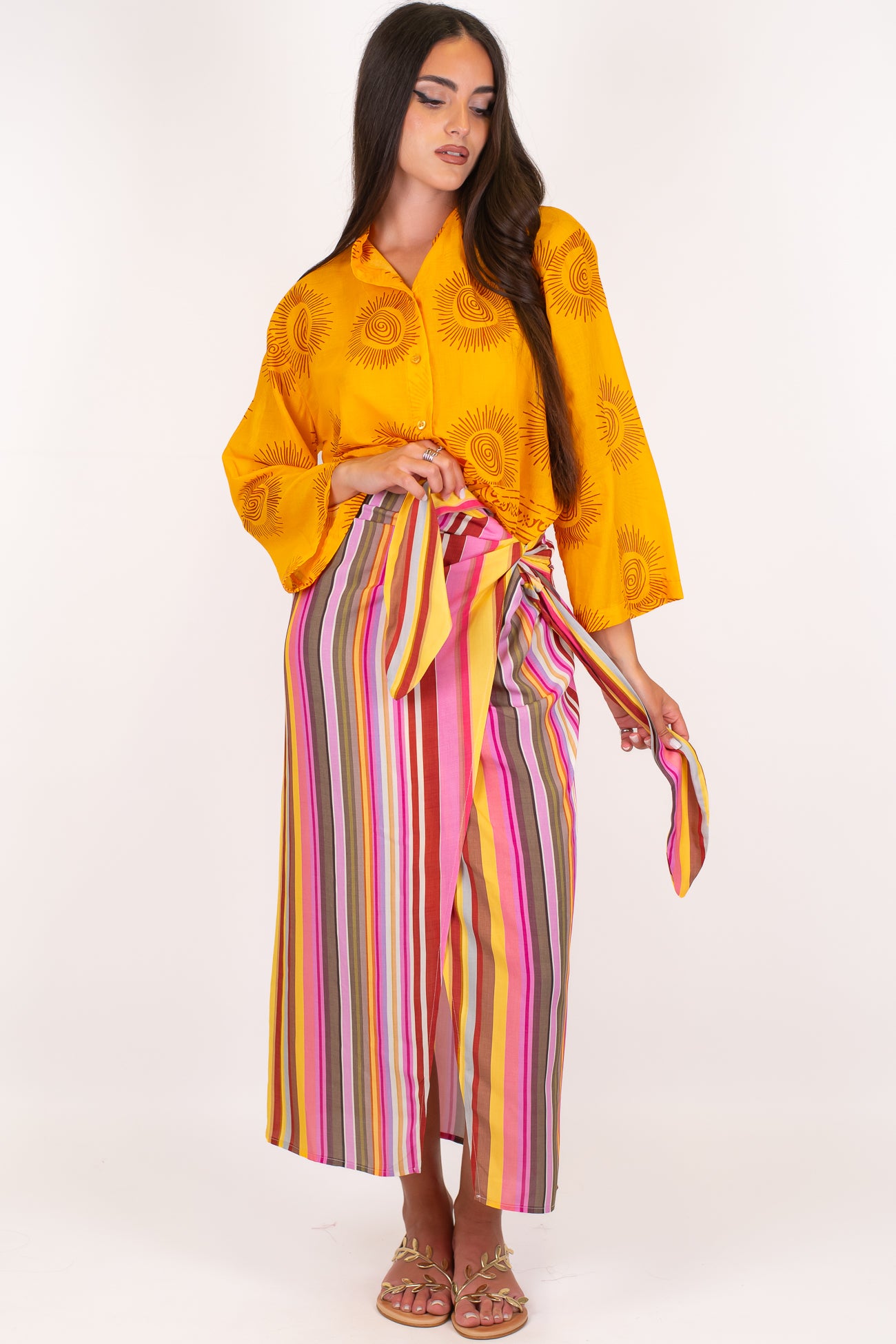 Tensione in - Gonna pareo fantasia a righe multicolor in viscosa leggera
