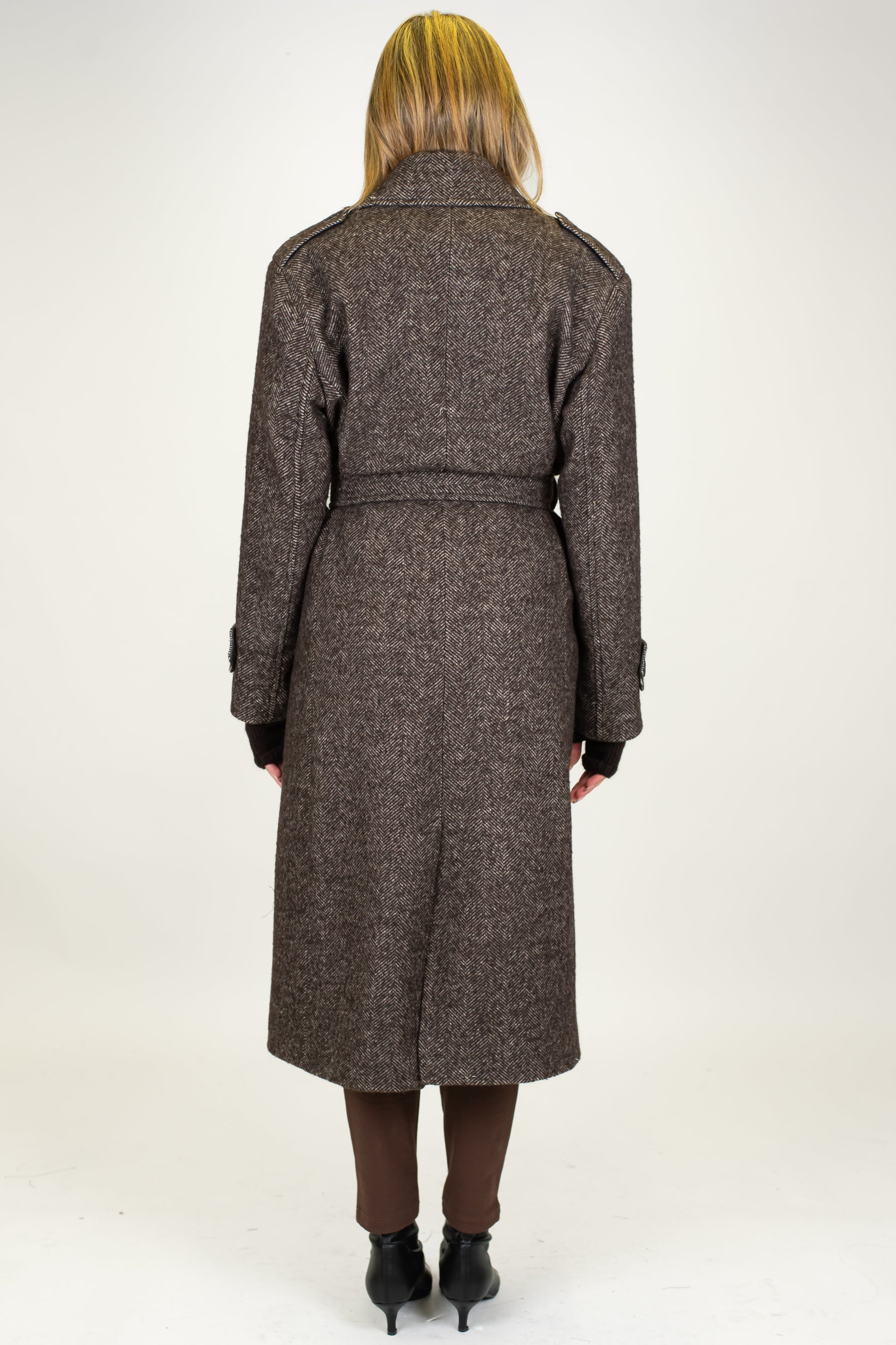 Tensione in - Cappotto lungo doppipetto fantasia spinata in misto lana con cintura in tessuto