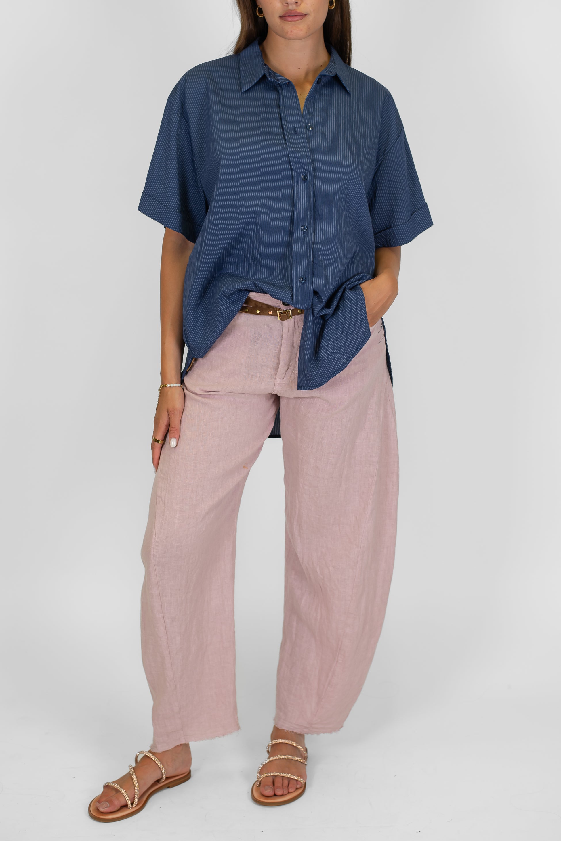 Tensione in - Pantalone balloon 100% lino sfrangiato sotto