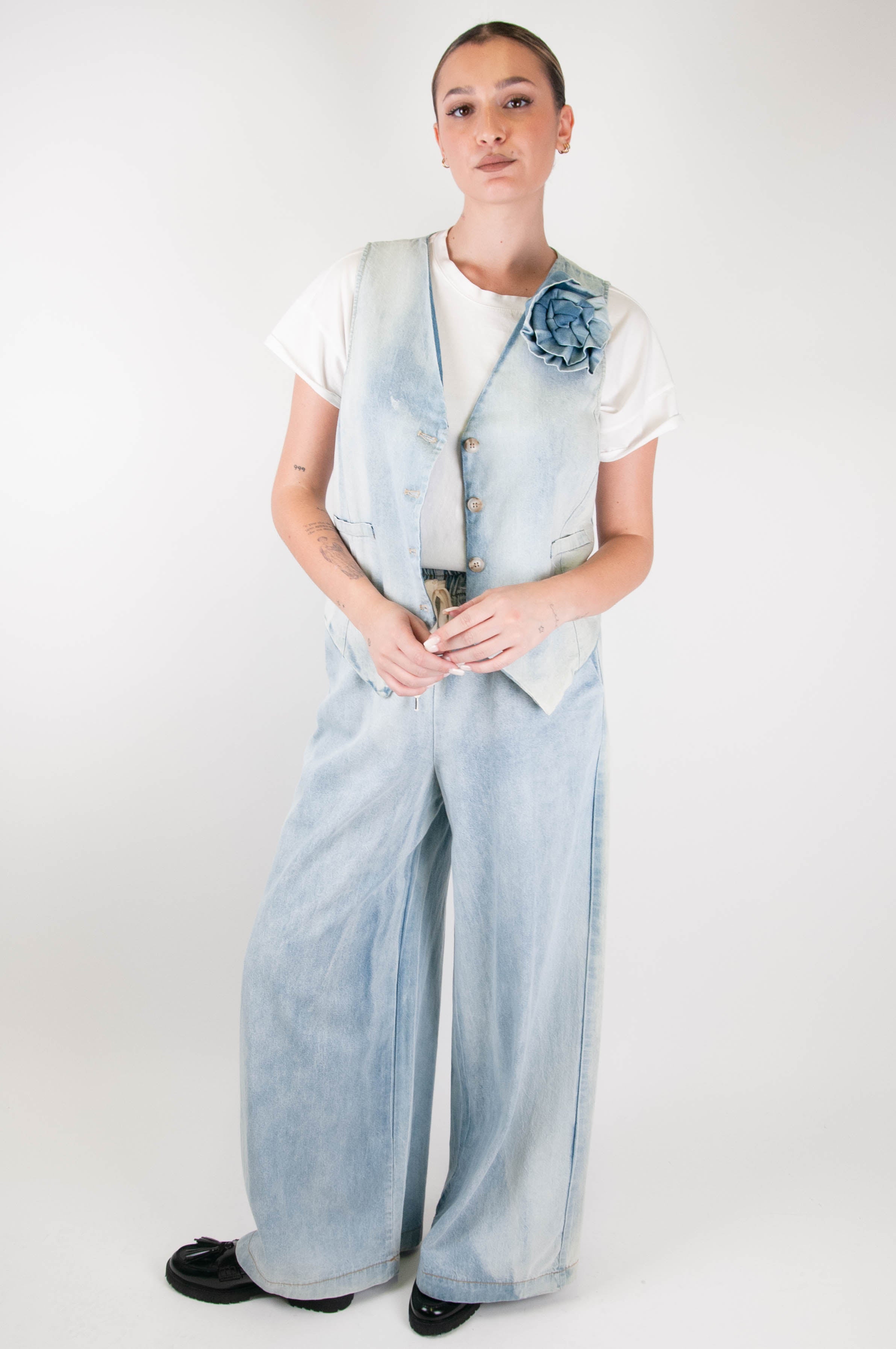 Tensione in - Pantalone palazzo effetto denim con coulisse