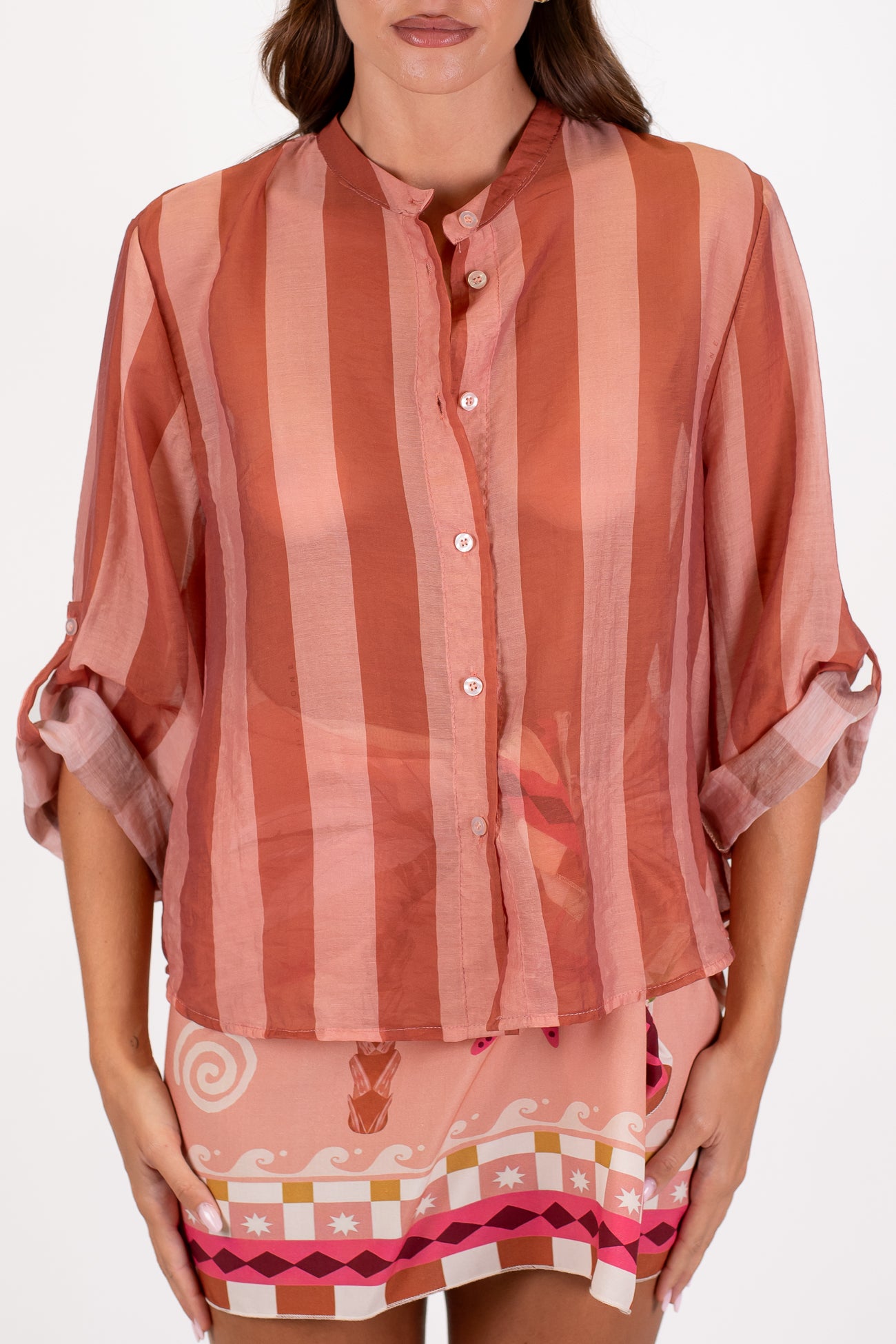 Haveone - Camicia fantasia a righe a contrasto in lyocell con manica tre quarti