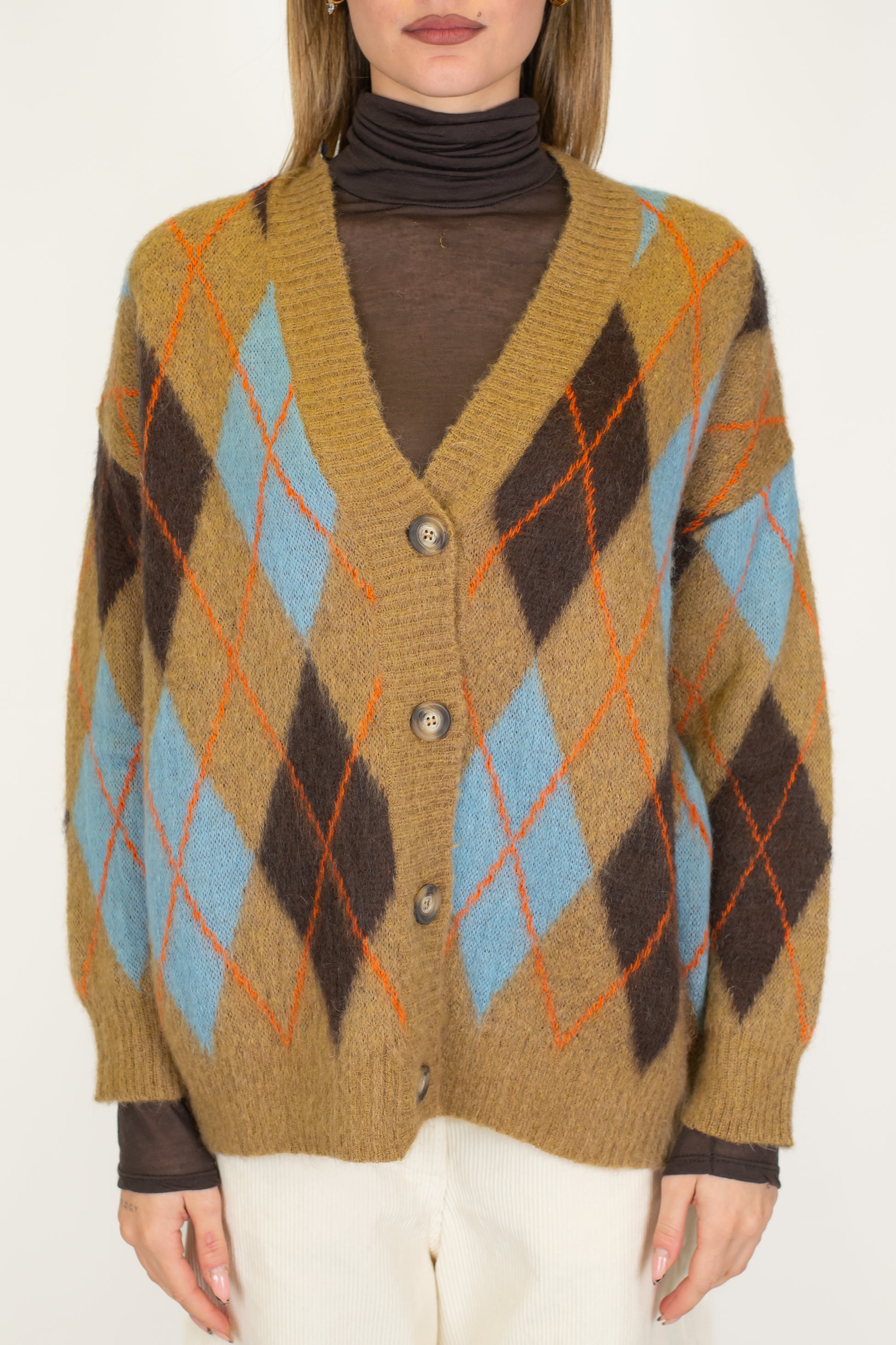 Tensione in - Cardigan over fantasia rombi a contrasto in misto lana